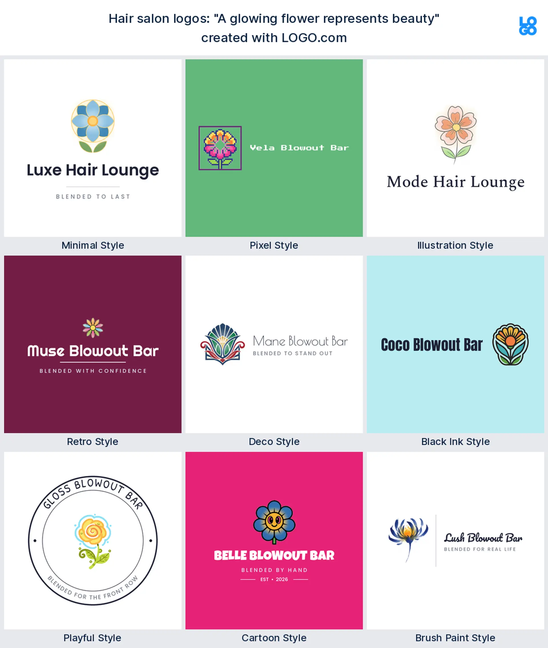 The "A glowing flower represents beauty" hair salon logo idea shown across nine LOGO.com styles