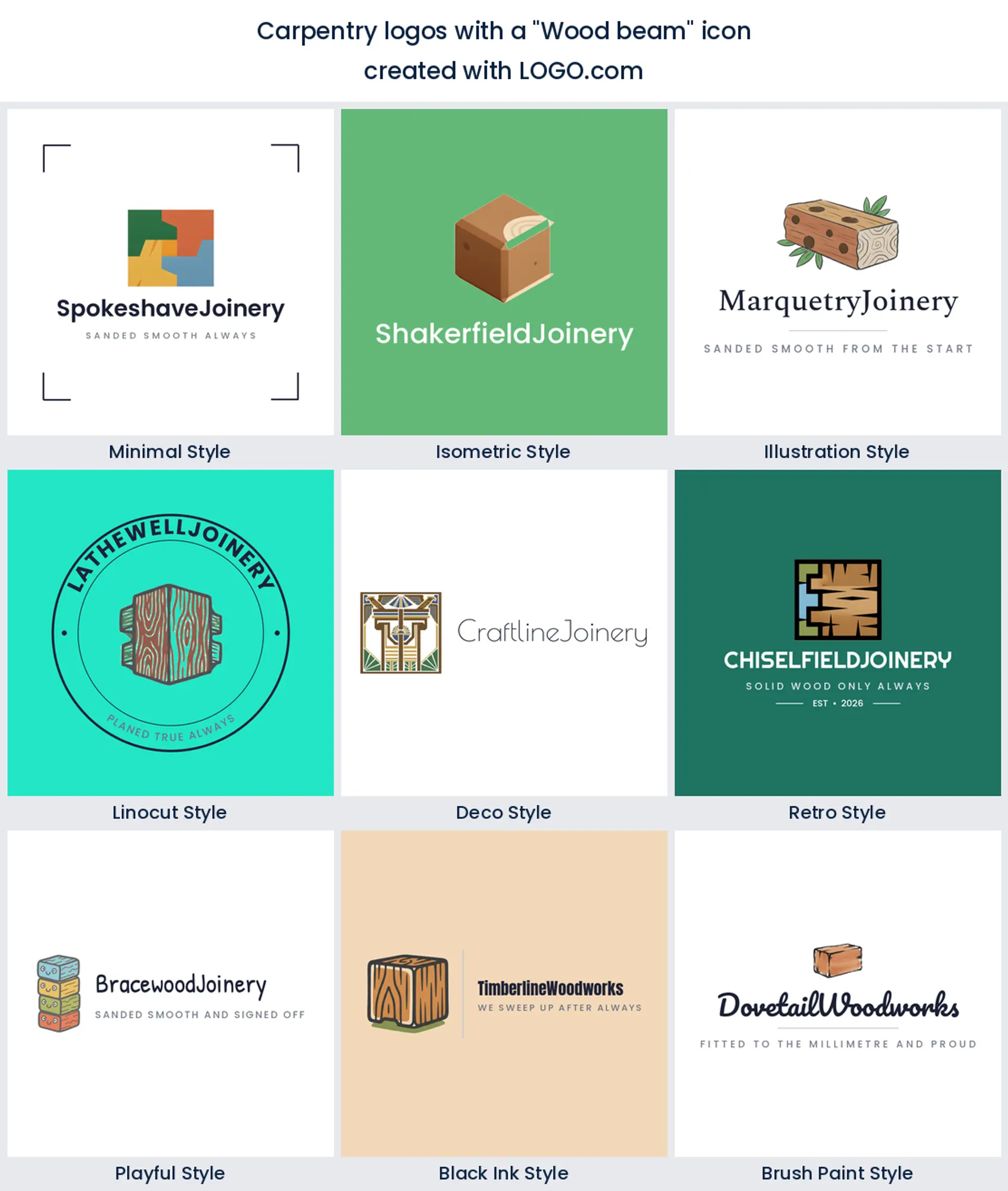 Wood beam carpentry logo shown across nine LOGO.com styles