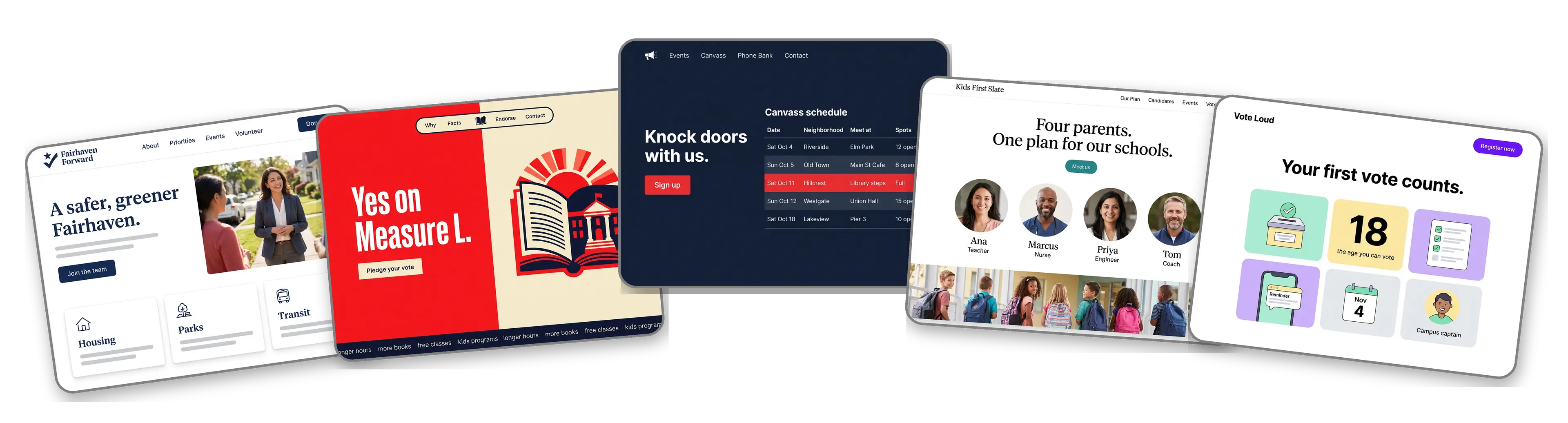 Five campaign websites built with LOGO.com from a logo upload: a city council candidate, a ballot measure for public libraries, a state house volunteer hub with a canvass schedule, a school board slate and a youth voter registration drive