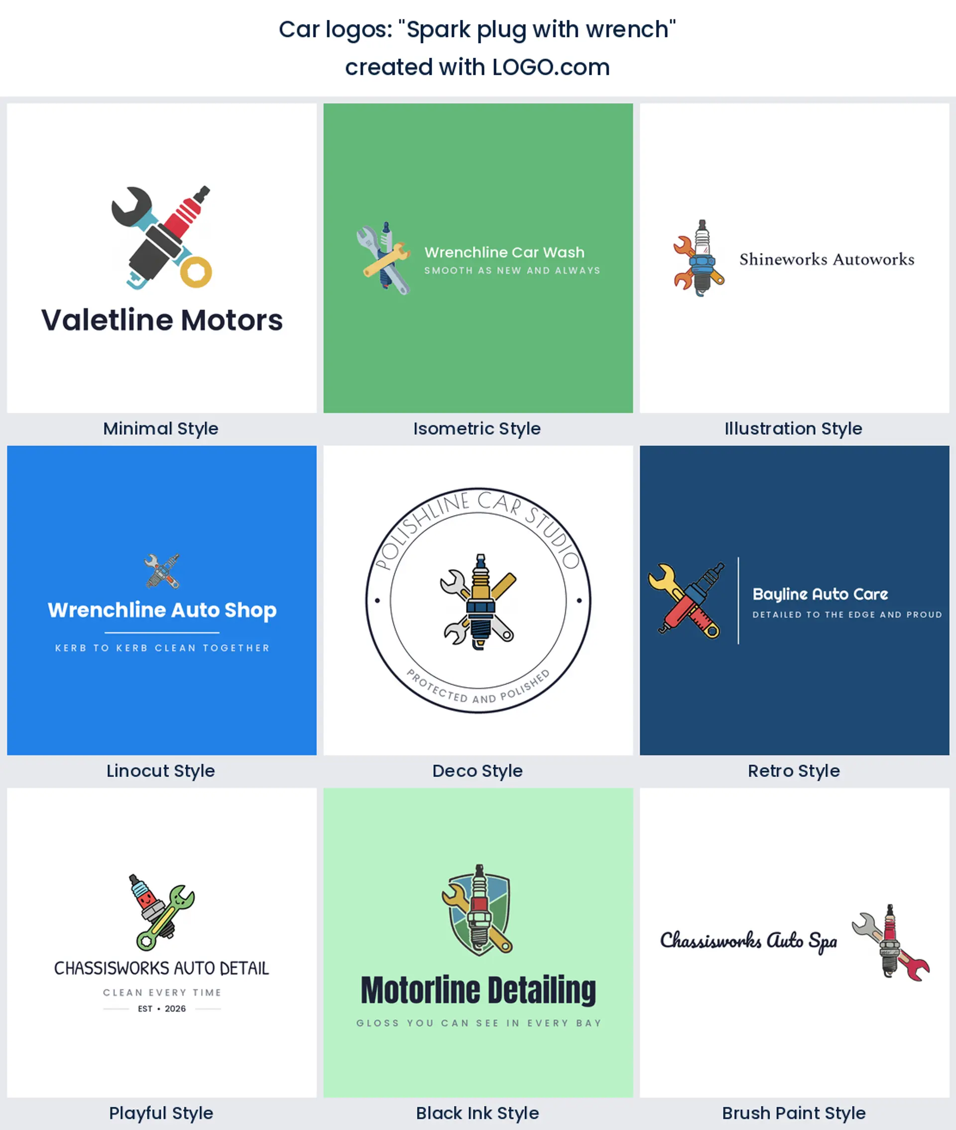 Nine car servicing logos of a spark plug crossed with a wrench, shown in nine styles.