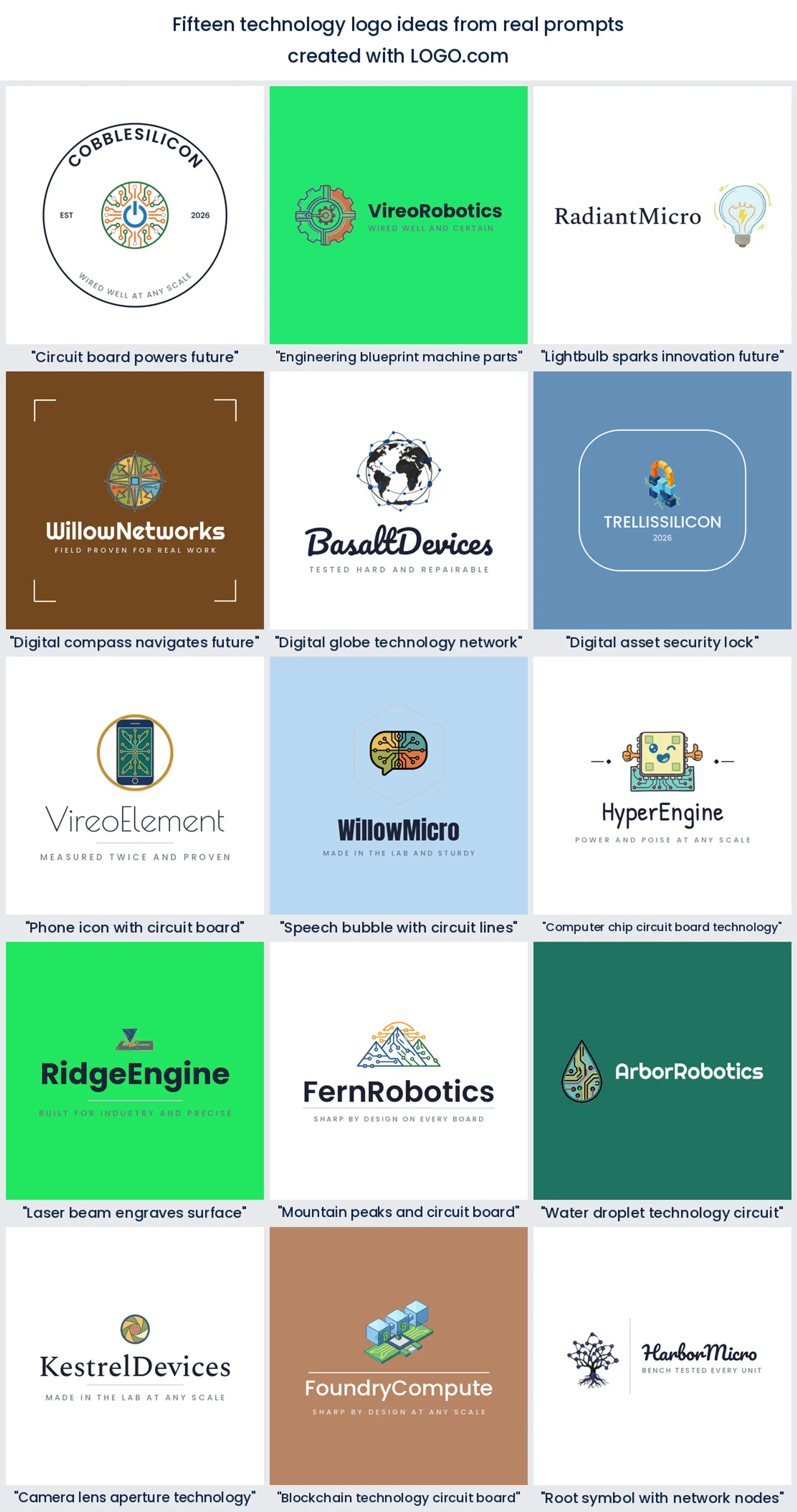 Fifteen technology logo ideas shown across nine LOGO.com styles.