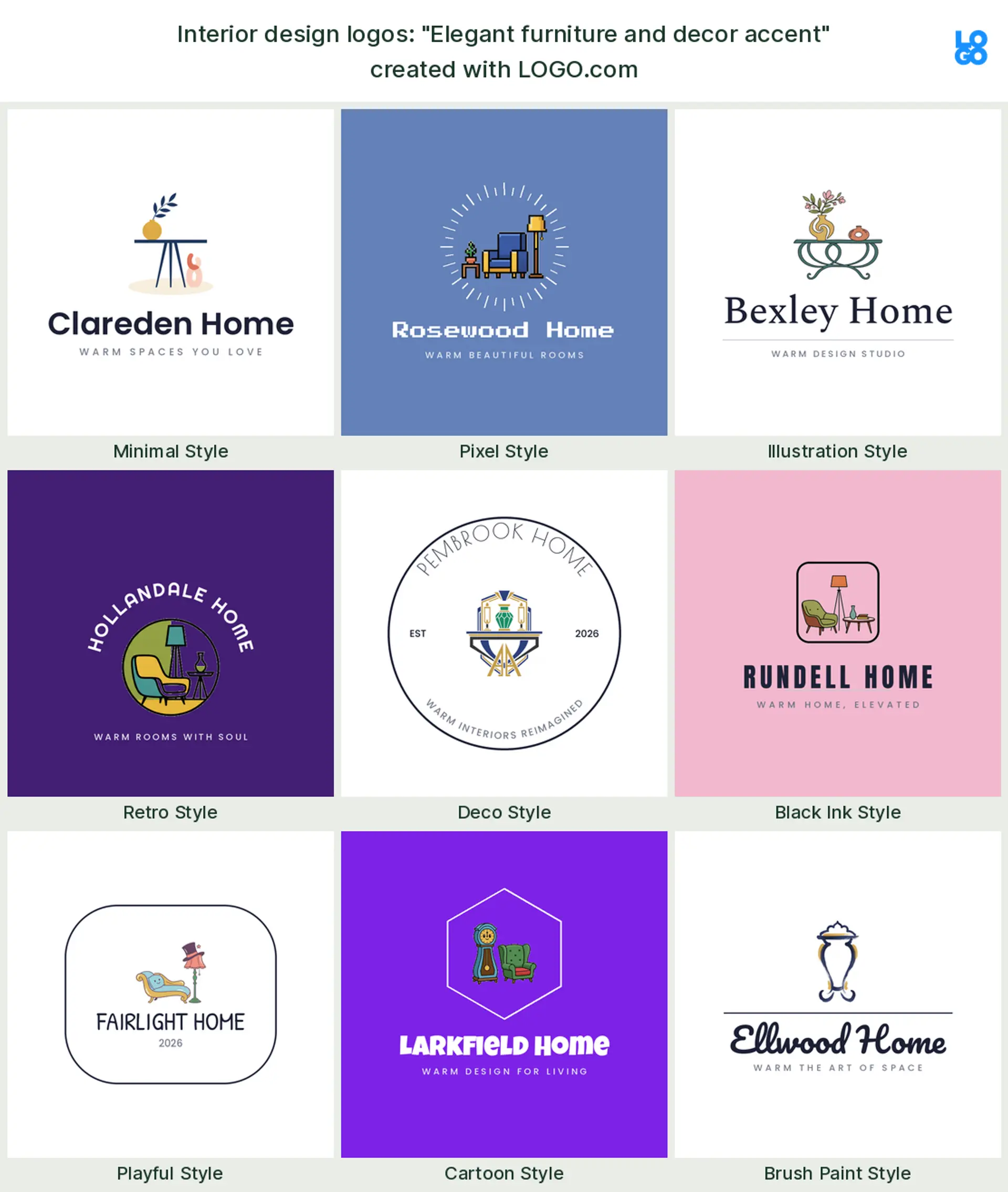 The "Elegant furniture and decor accent" interior design logo idea, shown across nine styles on LOGO.com