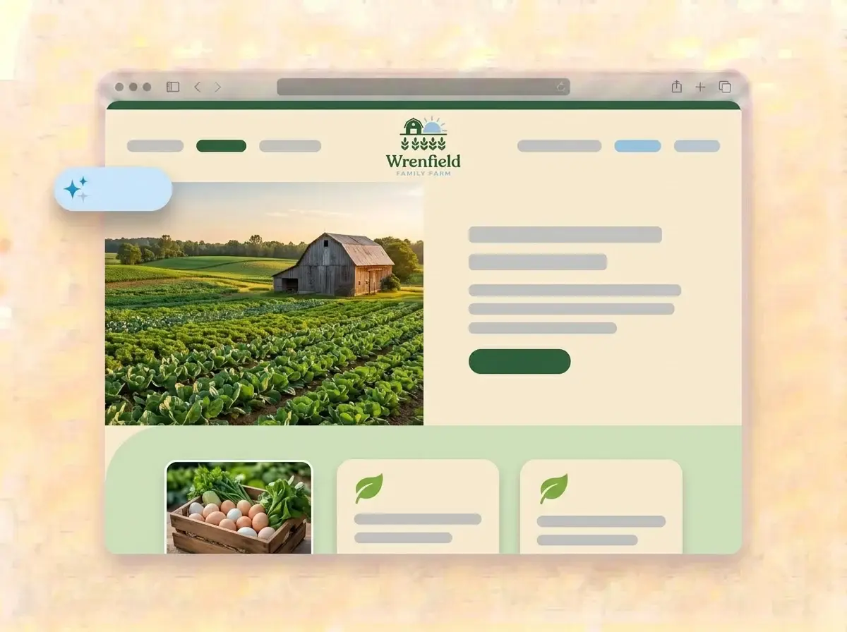 Finished Wrenfield Family Farm website built by LOGO.com from the uploaded logo, with green vegetable rows and a wooden barn in the hero photo