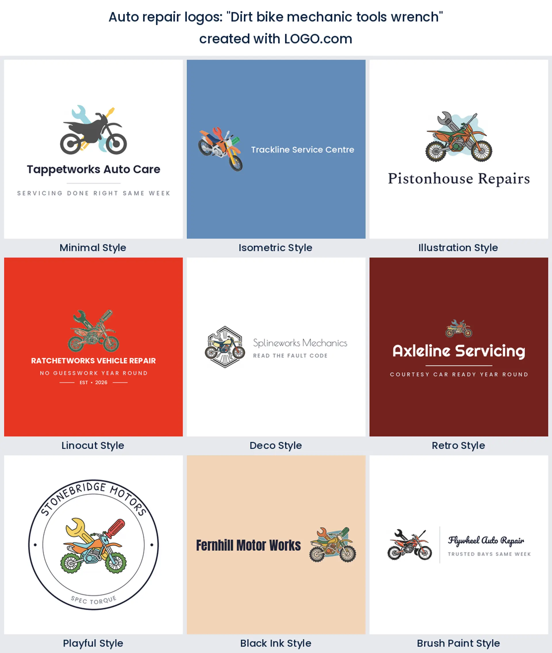 "Dirt bike mechanic tools wrench" small engine repair logo shown in nine LOGO.com styles