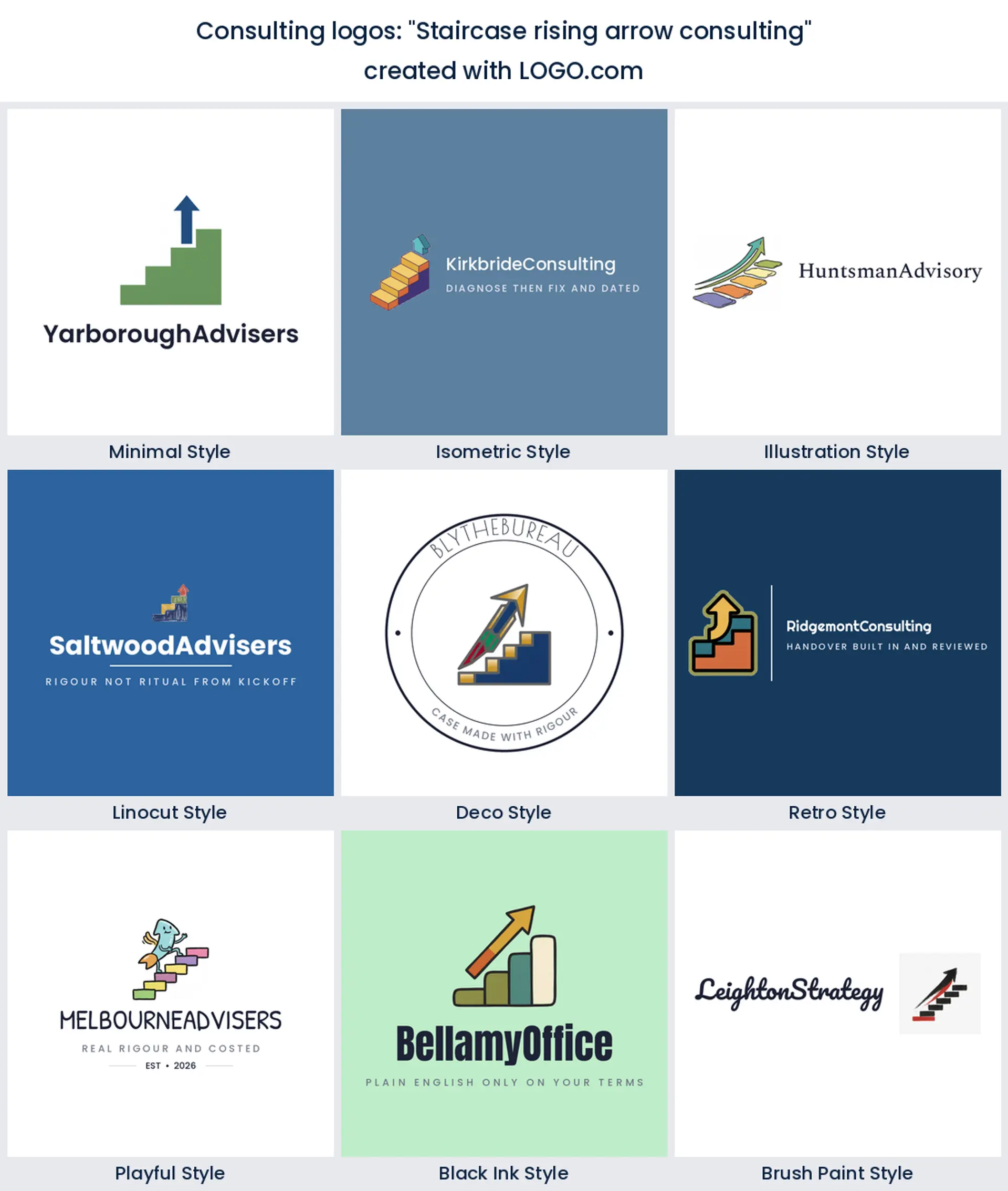 Nine styles of consulting logo with an arrow climbing four steps