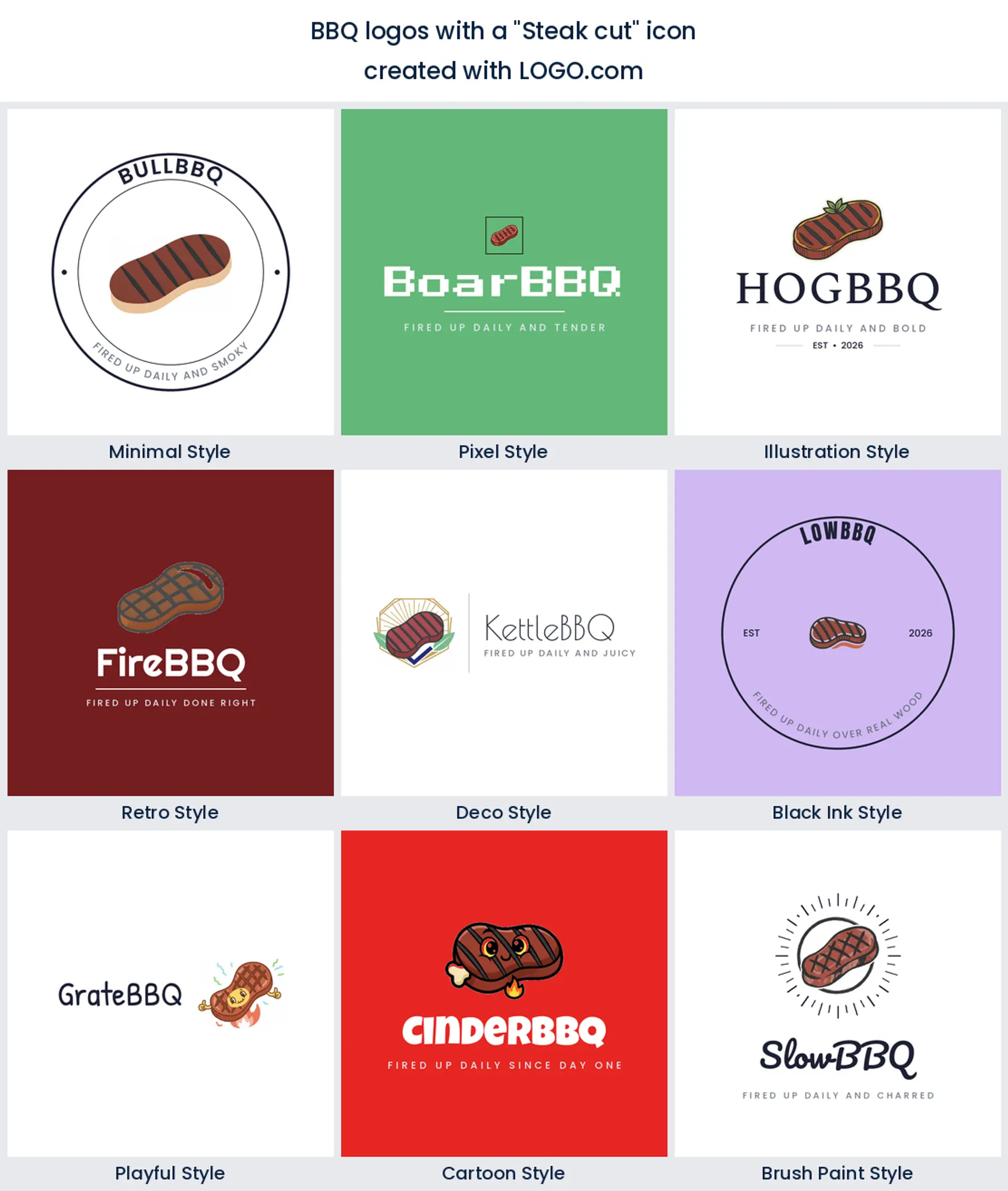 Steak cut bbq logo shown in nine LOGO.com styles.