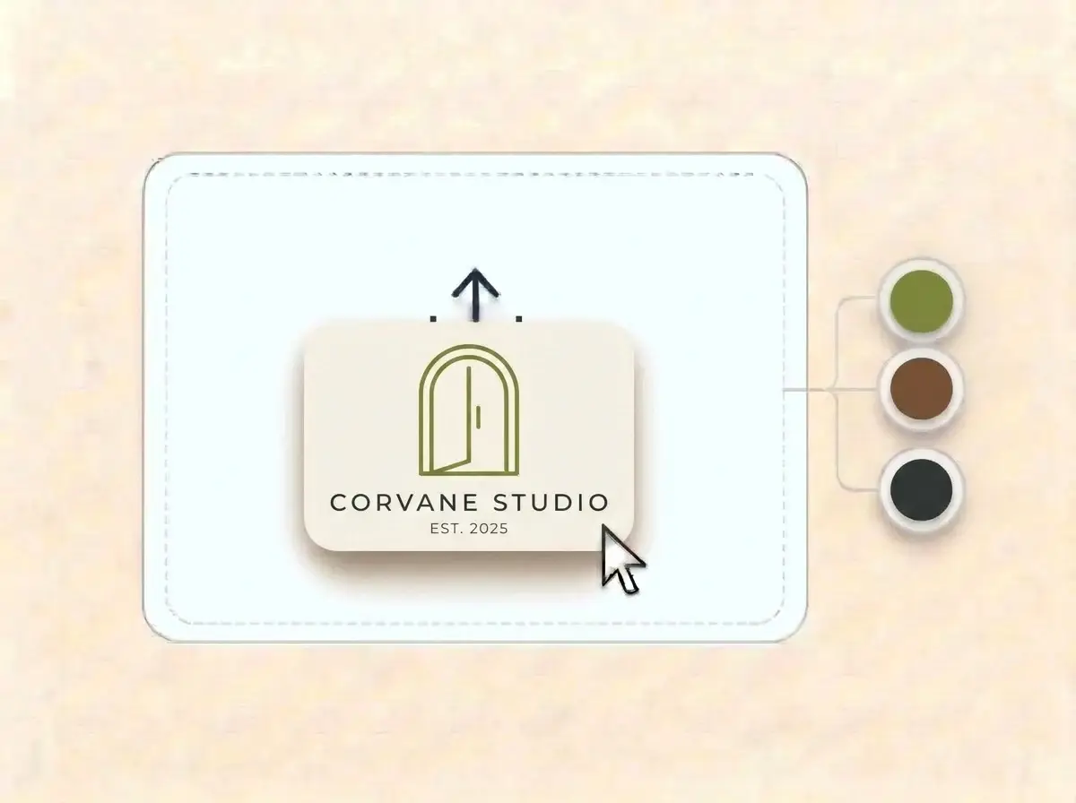 Corvane Studio logo, a thin olive green arched doorway on an off white card, dropped into the LOGO.com upload box with its colors laid out as swatches