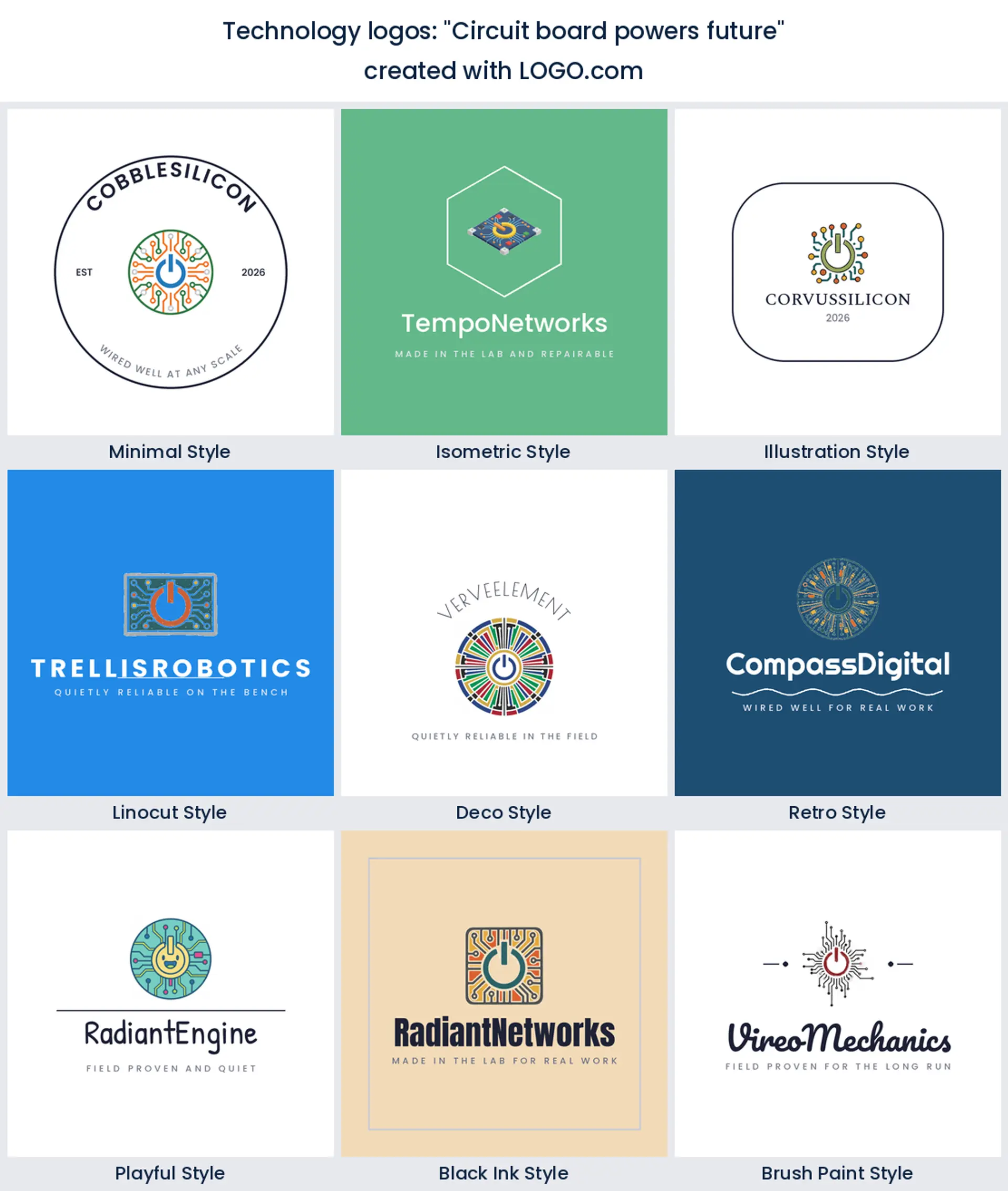 Circuit board powers future technology logo in nine styles.