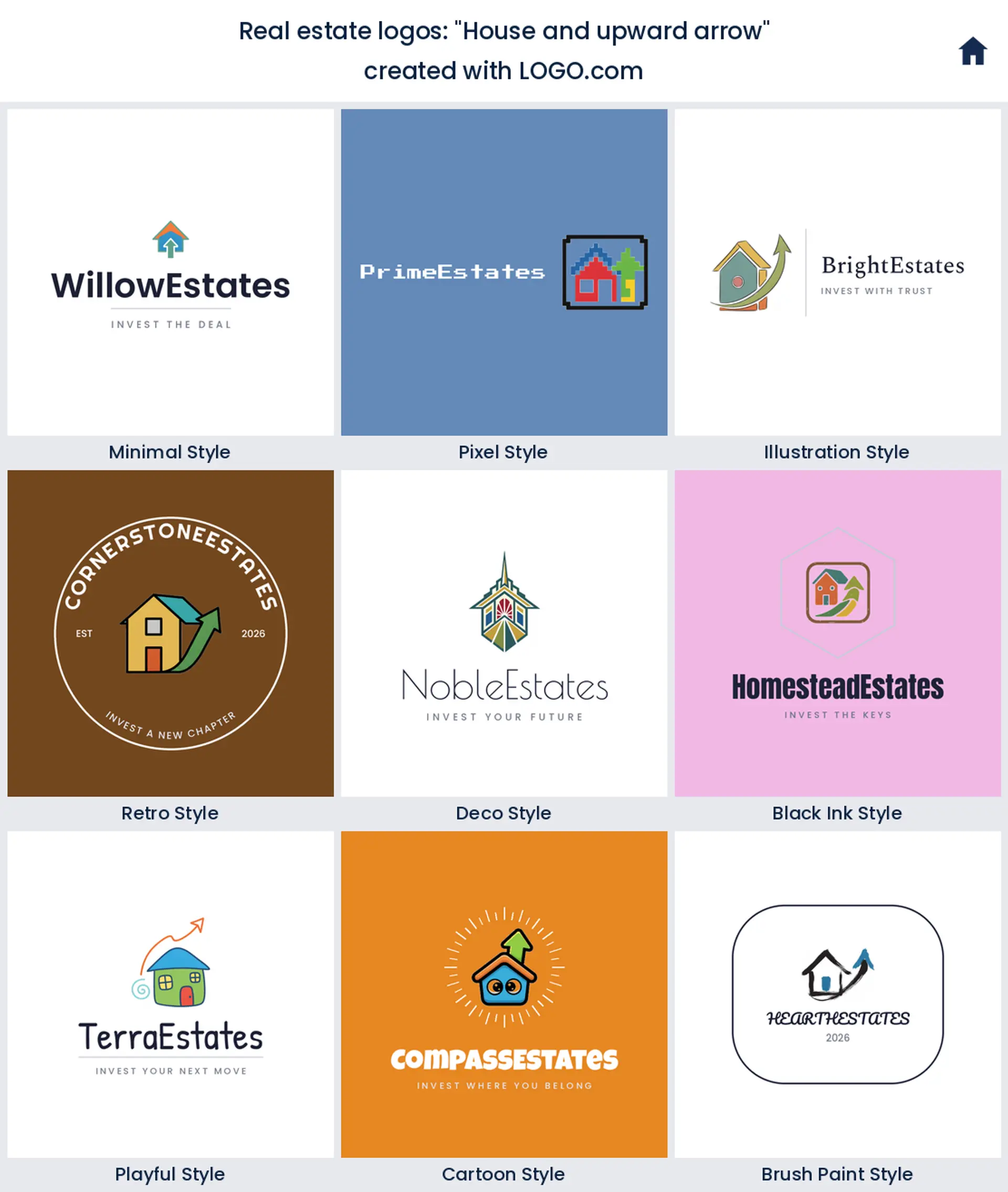 House and upward arrow, a real estate logo idea shown in nine LOGO.com styles