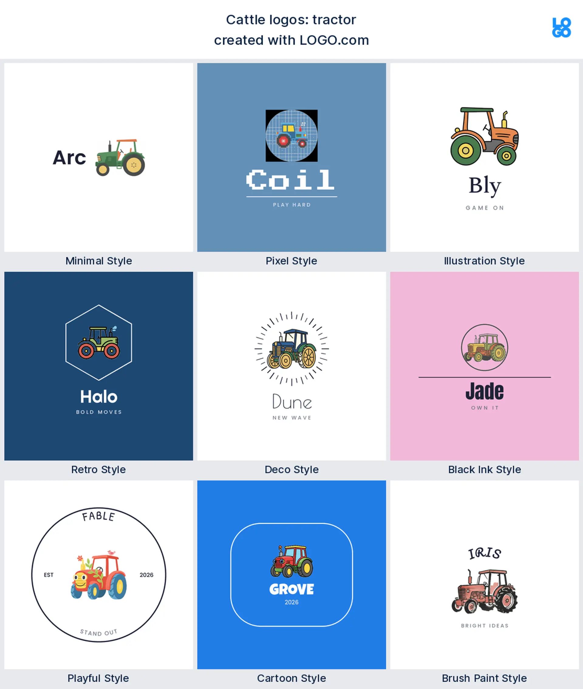 Tractor deco farm logo shown in nine LOGO.com styles