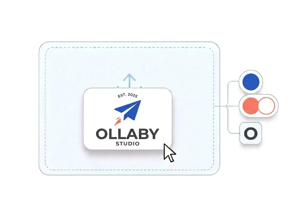 Ollaby Studio logo, a cobalt blue paper plane with a coral trail, dropped into the LOGO.com upload box with its colors picked out