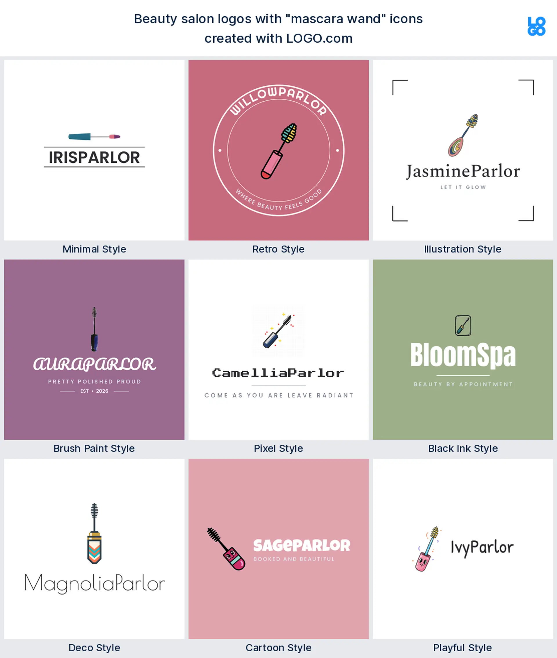 Mascara wand, minimal beauty salon logo shown in nine LOGO.com styles
