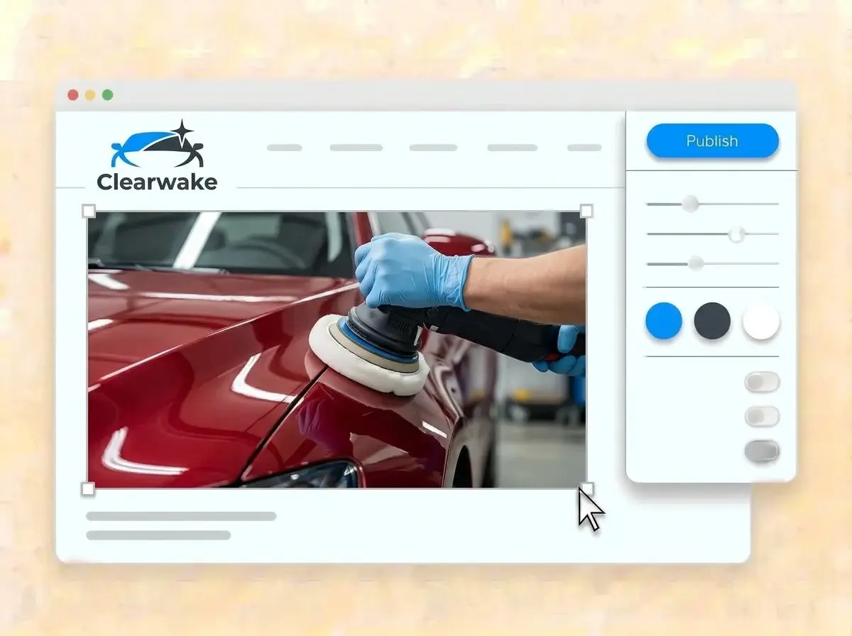 Editing the Clearwake website with a photo of a red fender being machine polished selected, the style panel open and the electric blue Publish button ready