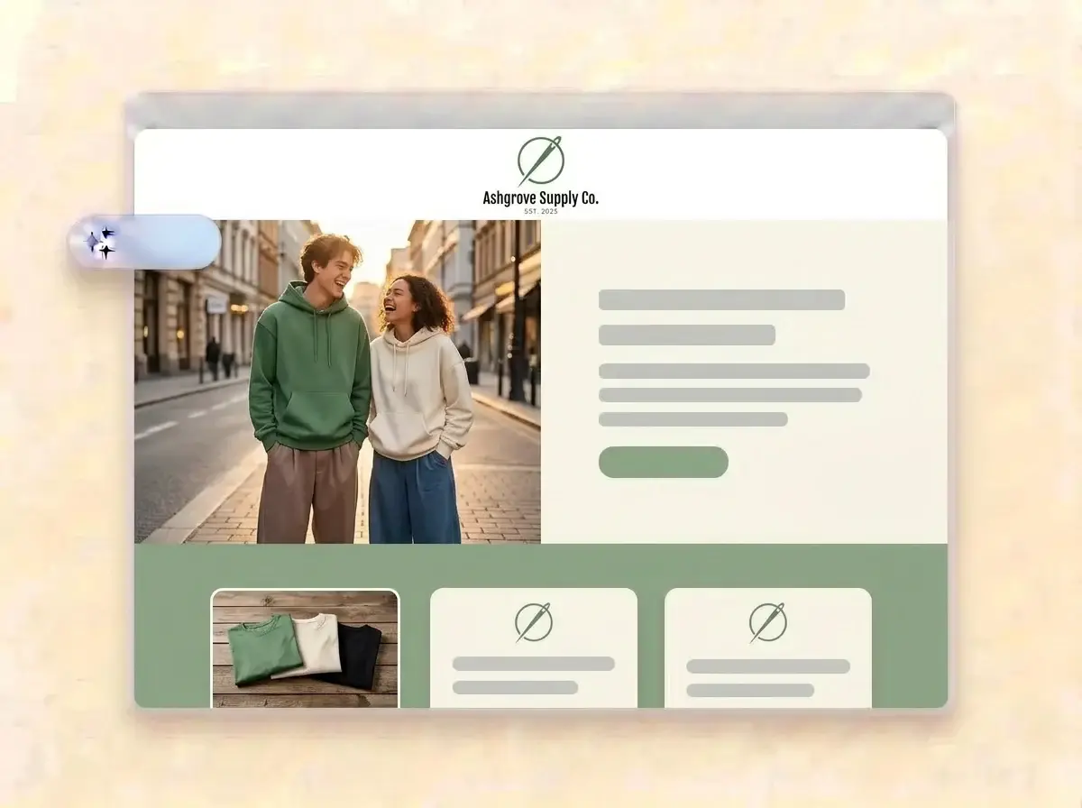 Finished Ashgrove Supply Co. website built by LOGO.com from the uploaded logo, with two people wearing the collection on a city street in the hero photo