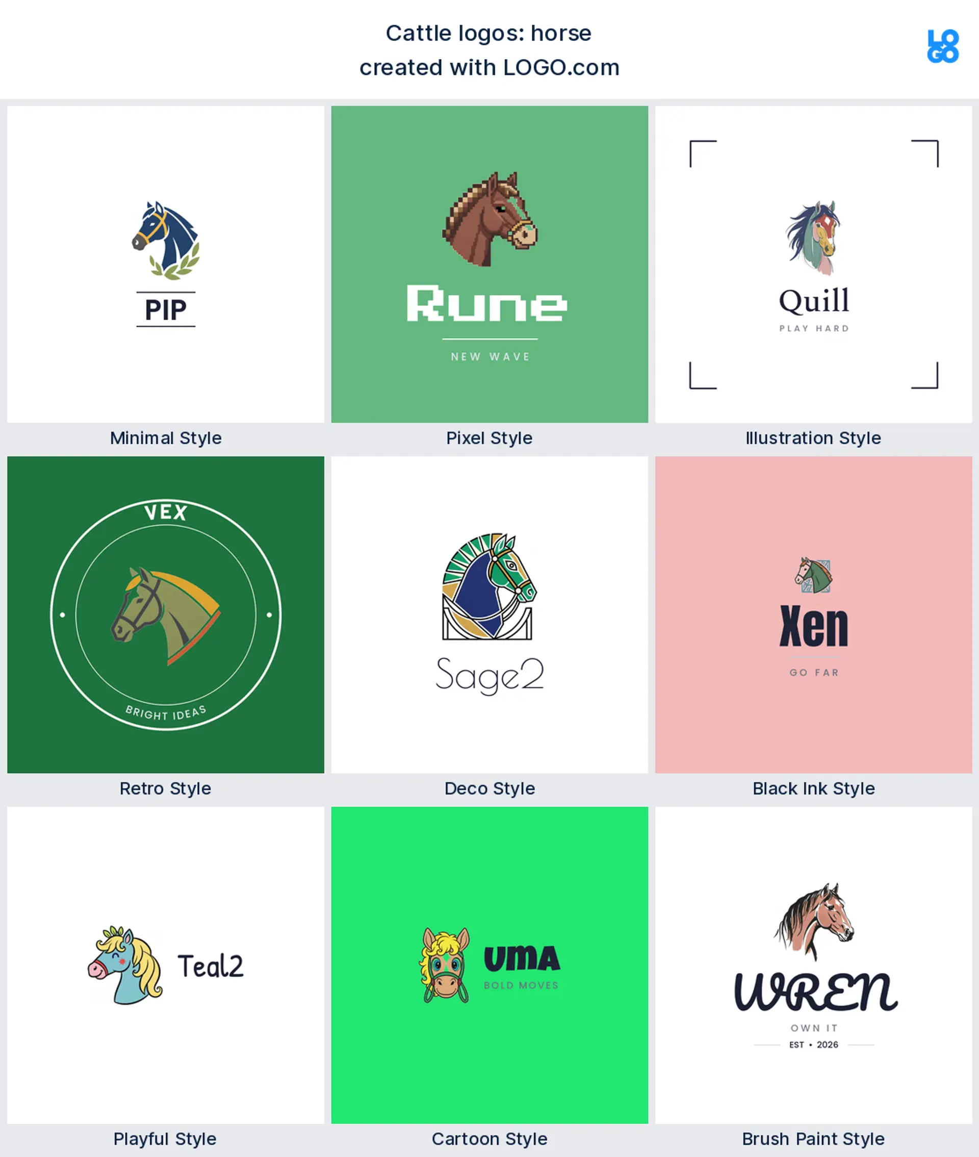 Horse minimal ranch logo shown in nine LOGO.com styles