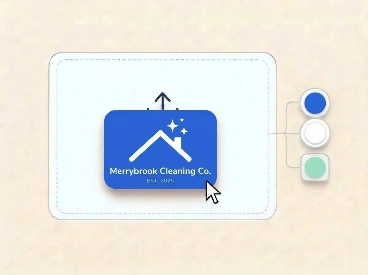 Merrybrook Cleaning Co. logo, a white house roofline with two sparkles on a cobalt blue card, dropped into the LOGO.com upload box with its colors picked out