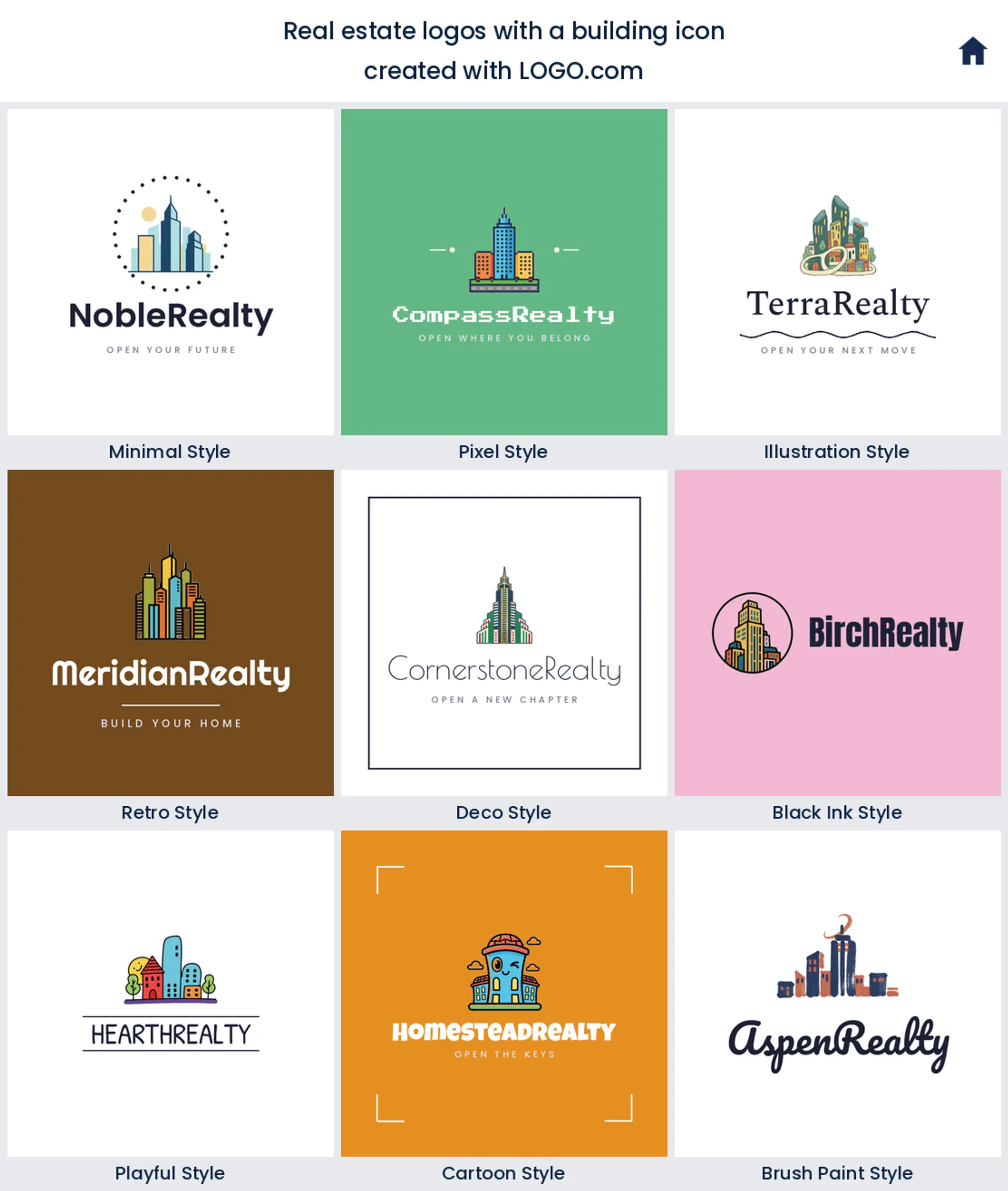 Building and skyline real estate logo shown in nine LOGO.com styles