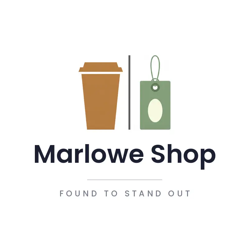 A coffee cup with a swing tag, a clothing store logo in a minimal style