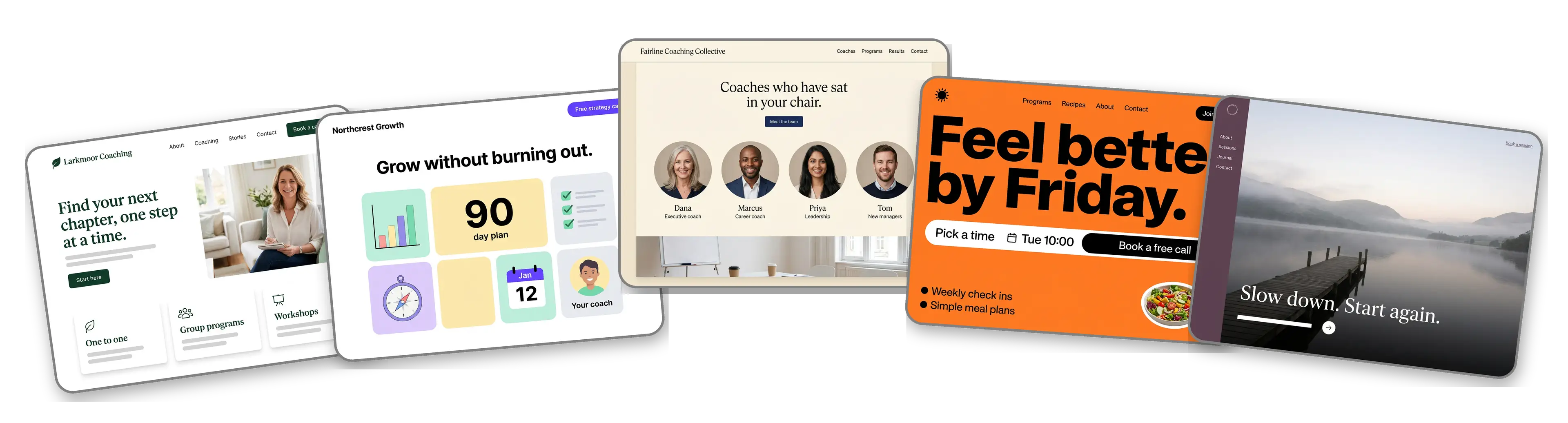 Five coaching websites built with LOGO.com from a logo upload: a life coach, a business coach, a team of career and executive coaches, an online wellness coach and a mindset and relationship coach