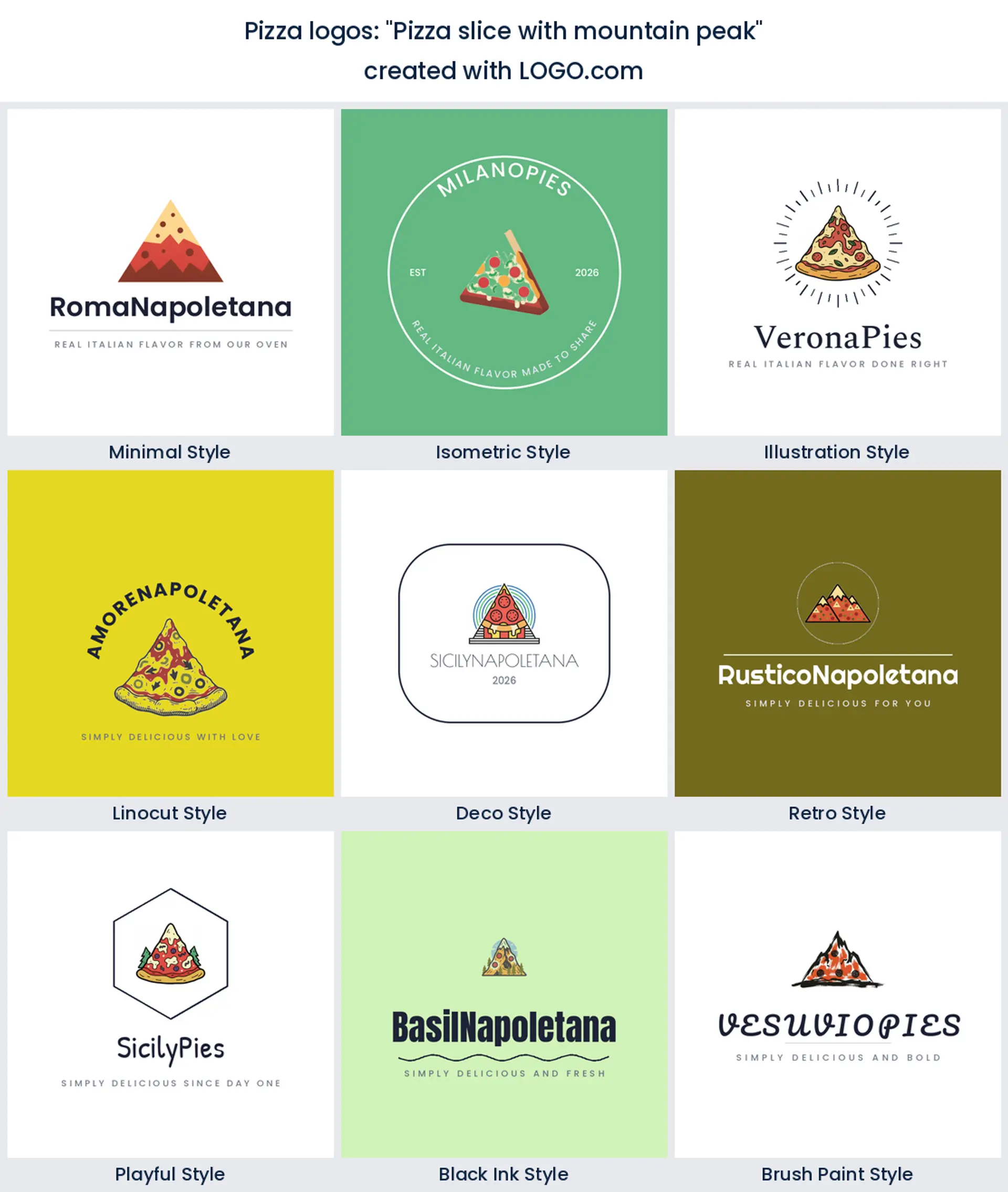 Pizza slice with mountain peak logo in nine styles.