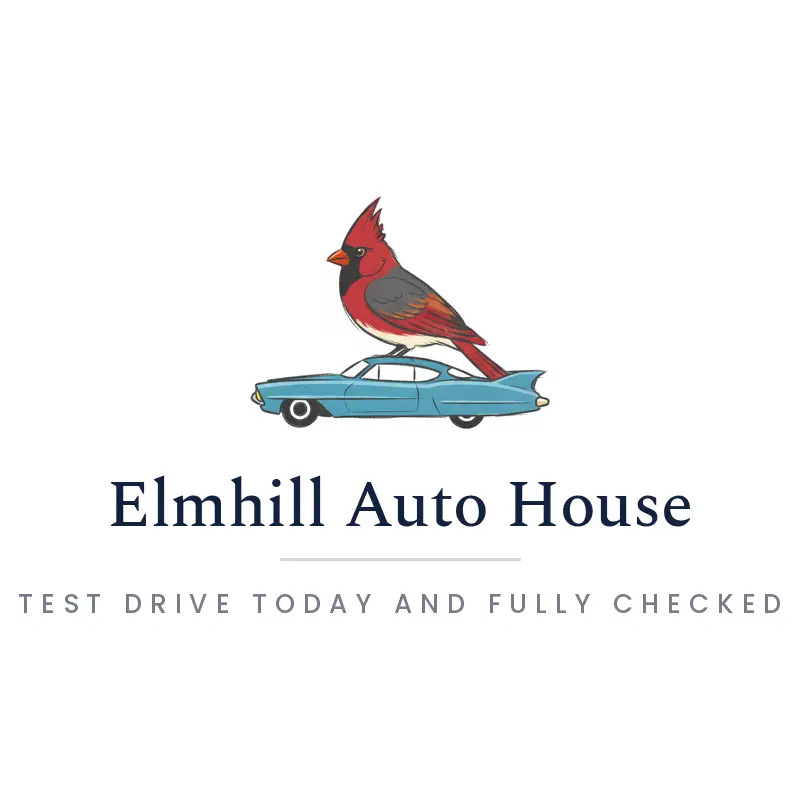 Illustrated local dealership logo with a cardinal bird above a car