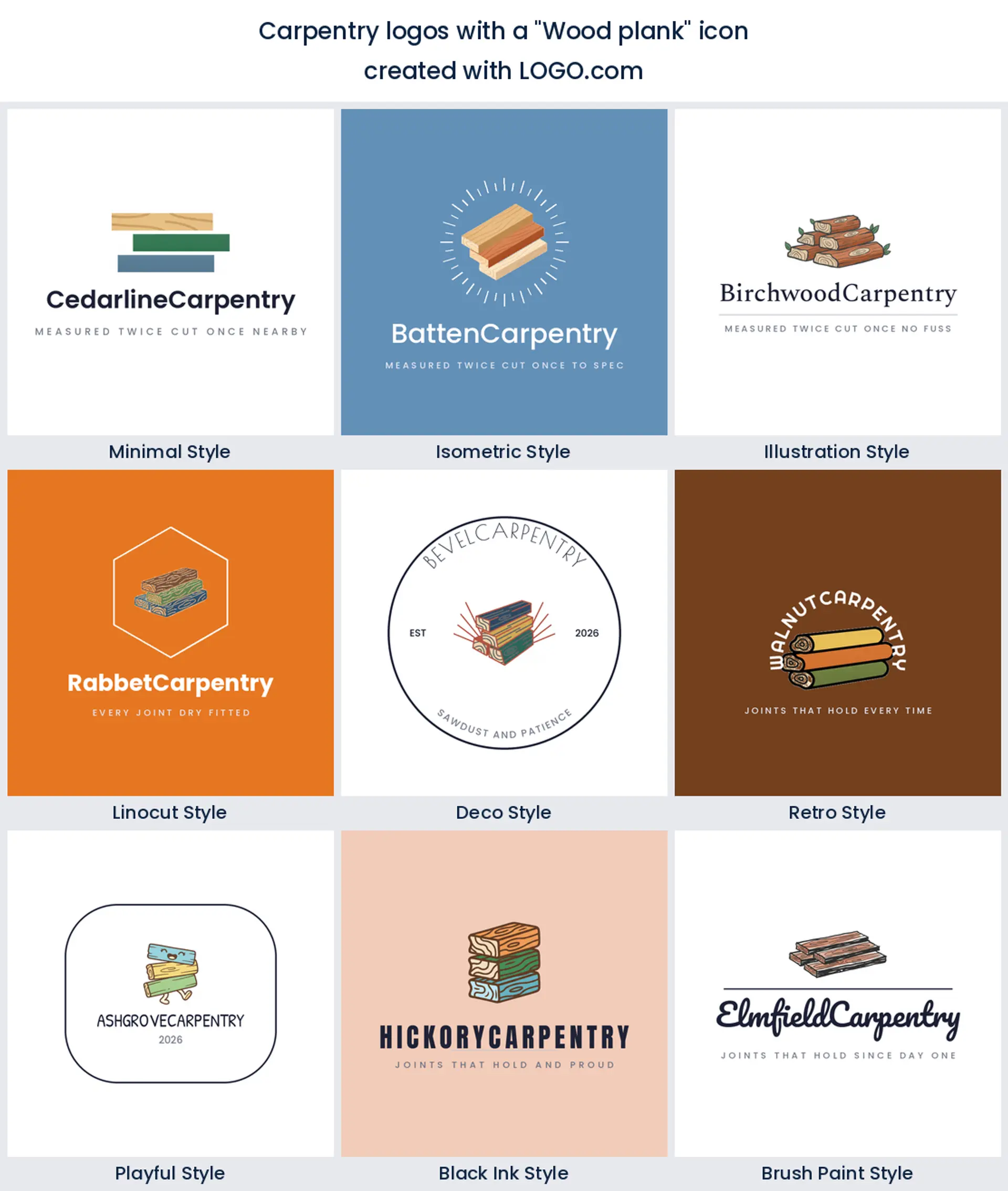 Wood plank carpentry logo shown across nine LOGO.com styles