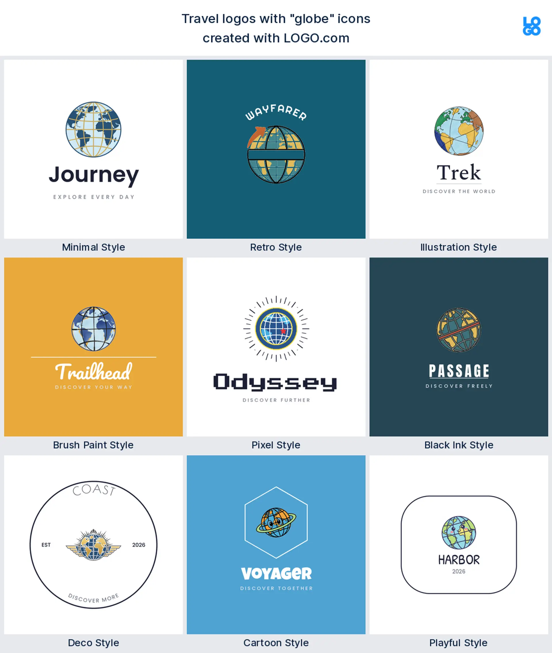 Globe travel logo shown in nine LOGO.com styles
