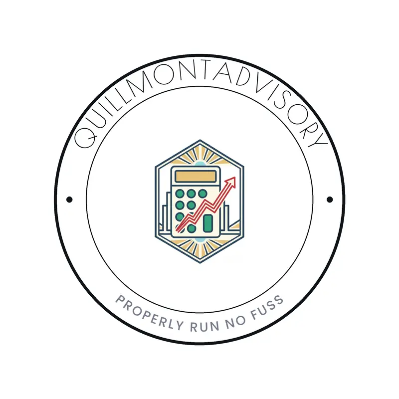 Deco financial planner logo for QuillmontAdvisory with a calculator beside a climbing graph
