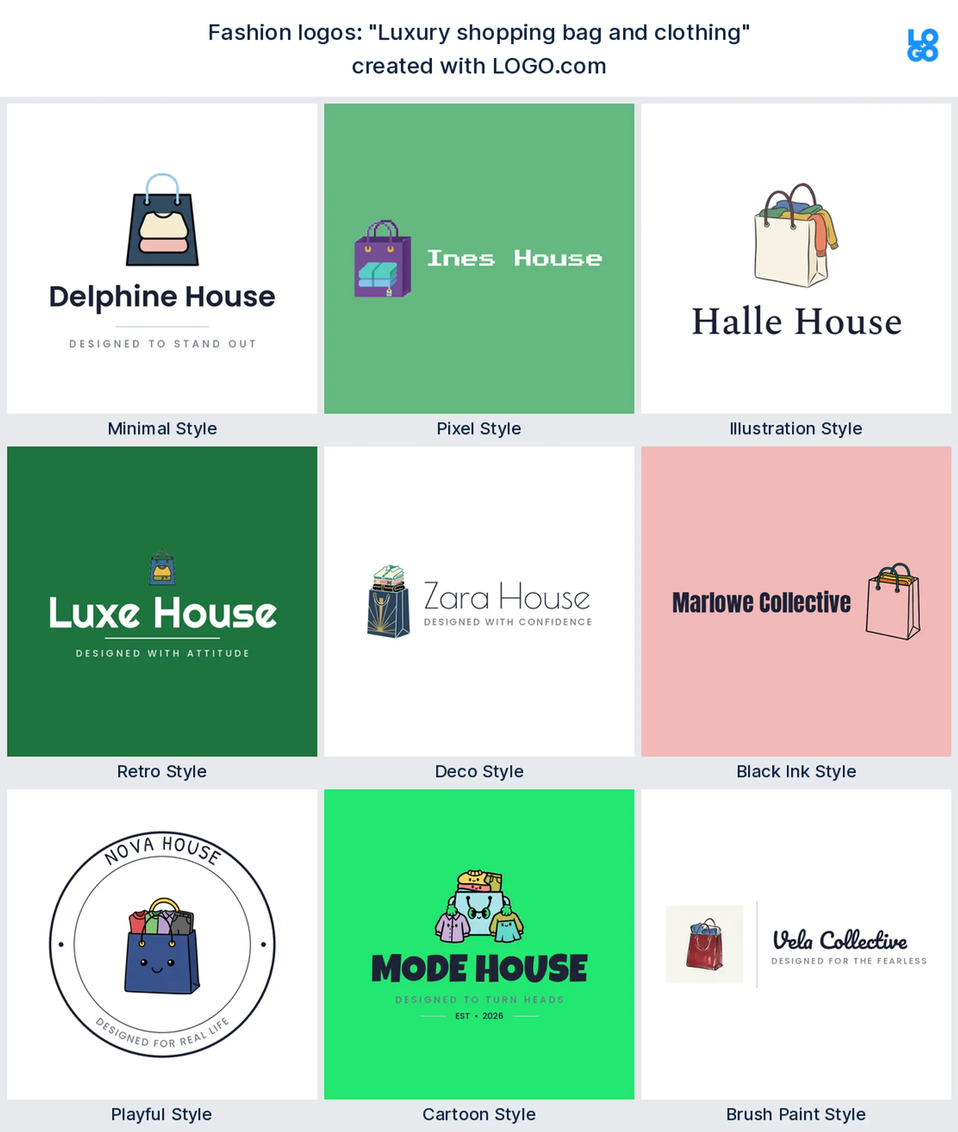 The "Luxury shopping bag and clothing" logo idea shown across nine LOGO.com styles