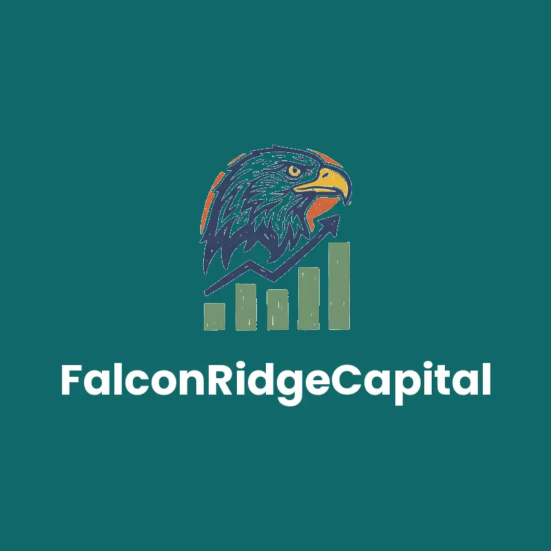 Linocut financial services logo for FalconRidgeCapital with an eagle head above a rising chart on teal