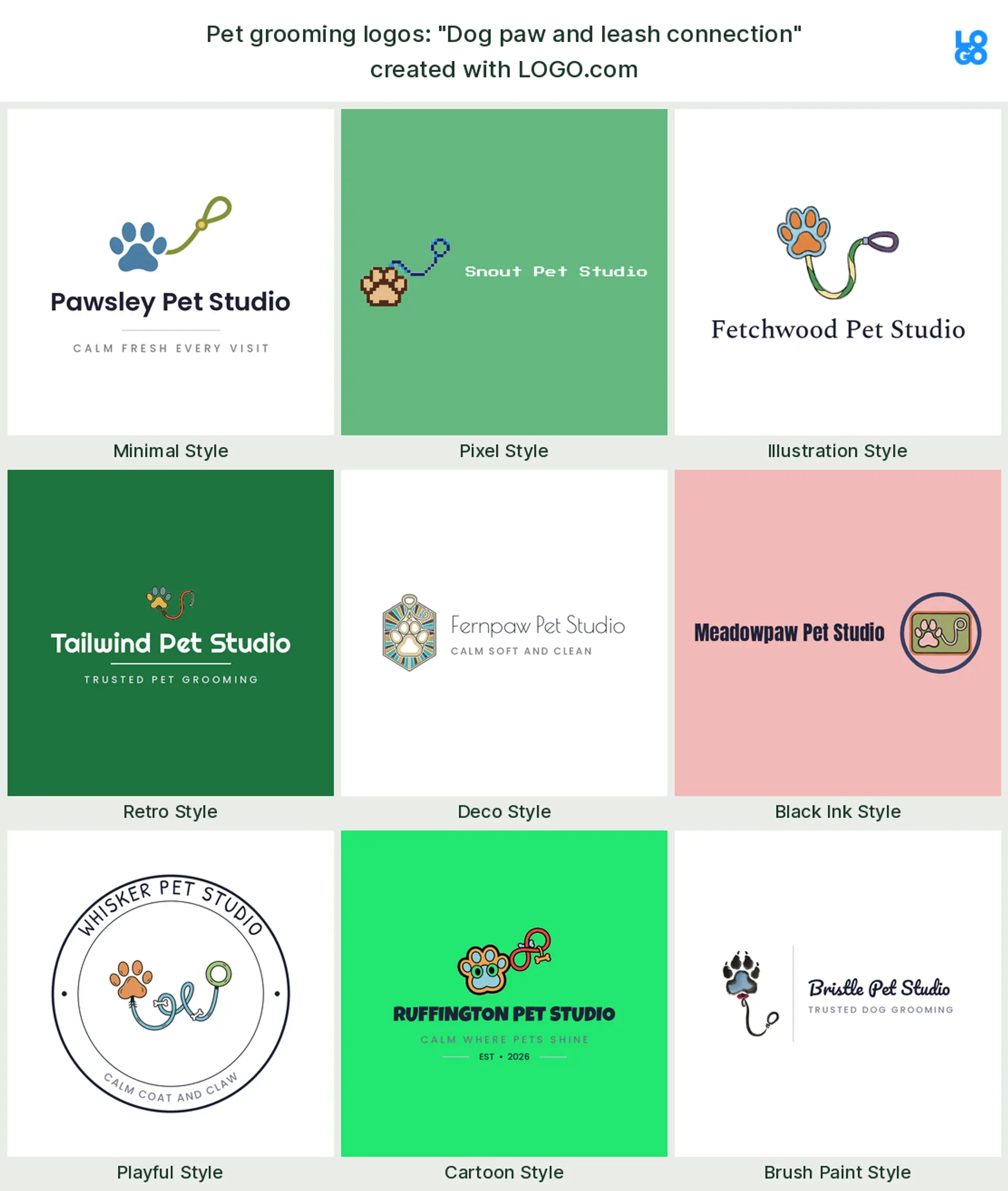 The "Dog paw and leash connection" pet grooming logo idea, shown across nine styles on LOGO.com