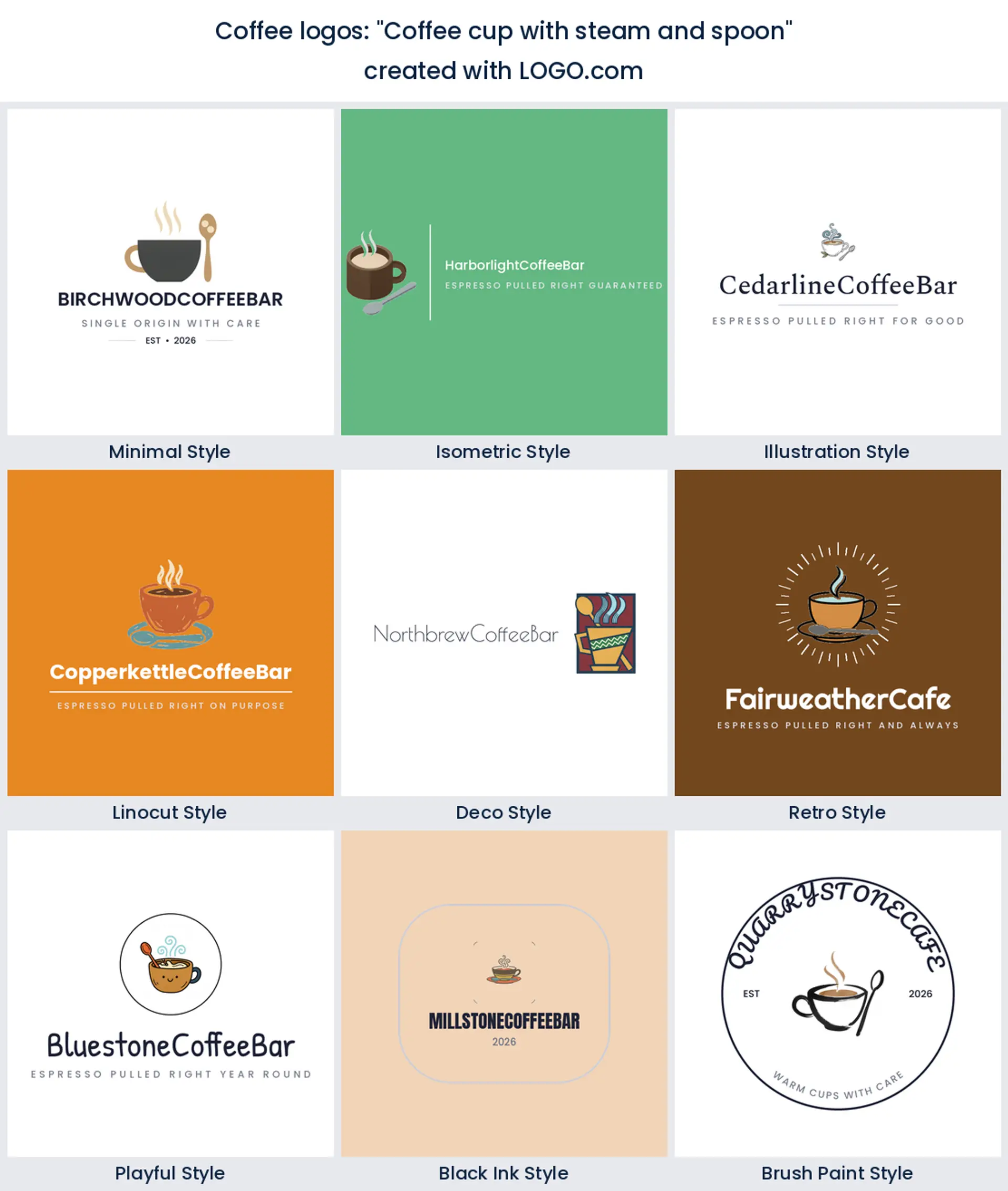 Coffee cup with steam and spoon coffee logo idea shown in nine LOGO.com styles