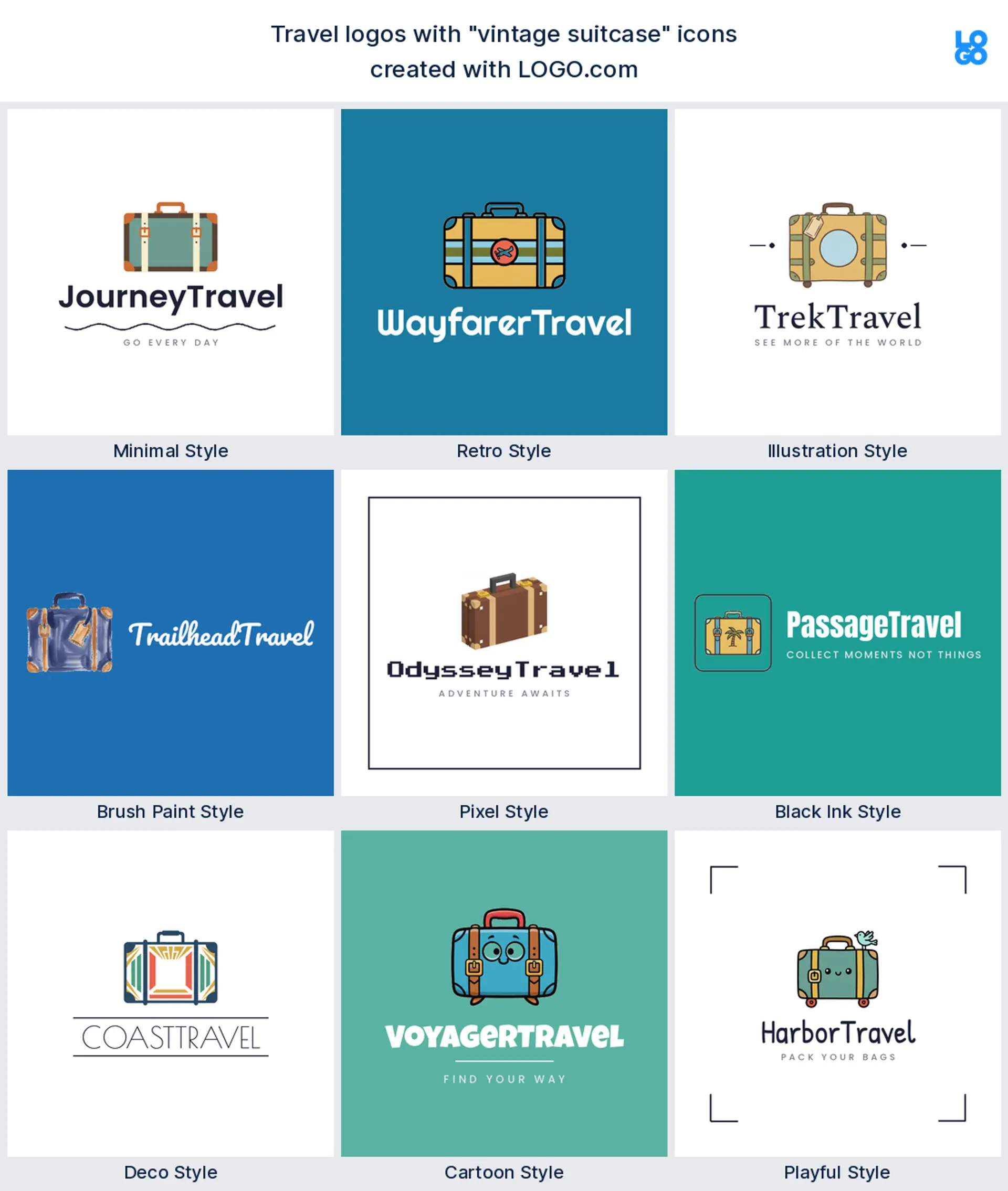 Vintage suitcase, illustrated travel logo shown in nine LOGO.com styles