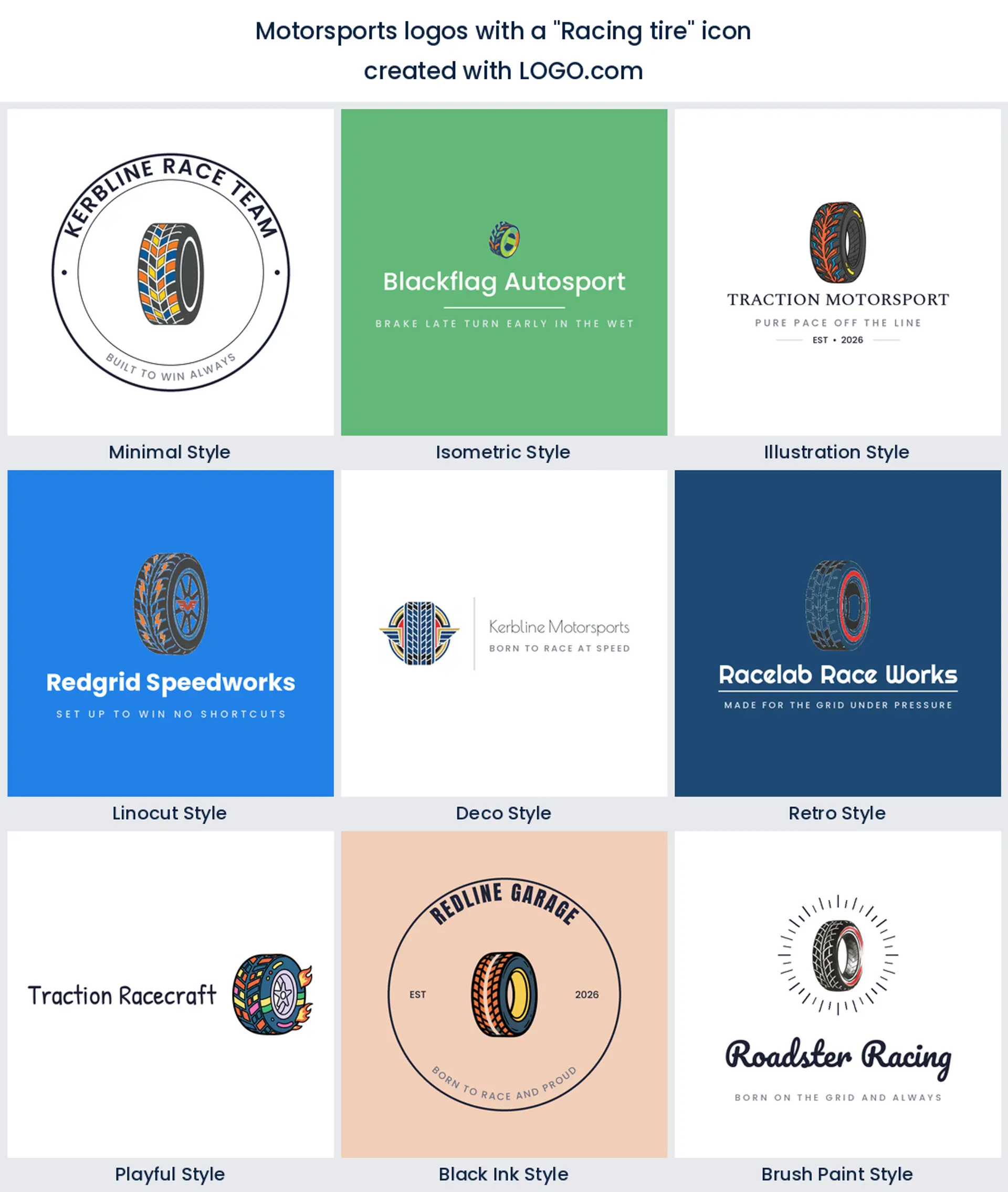 Nine race team logos using a racing tire and tread icon, across nine styles.