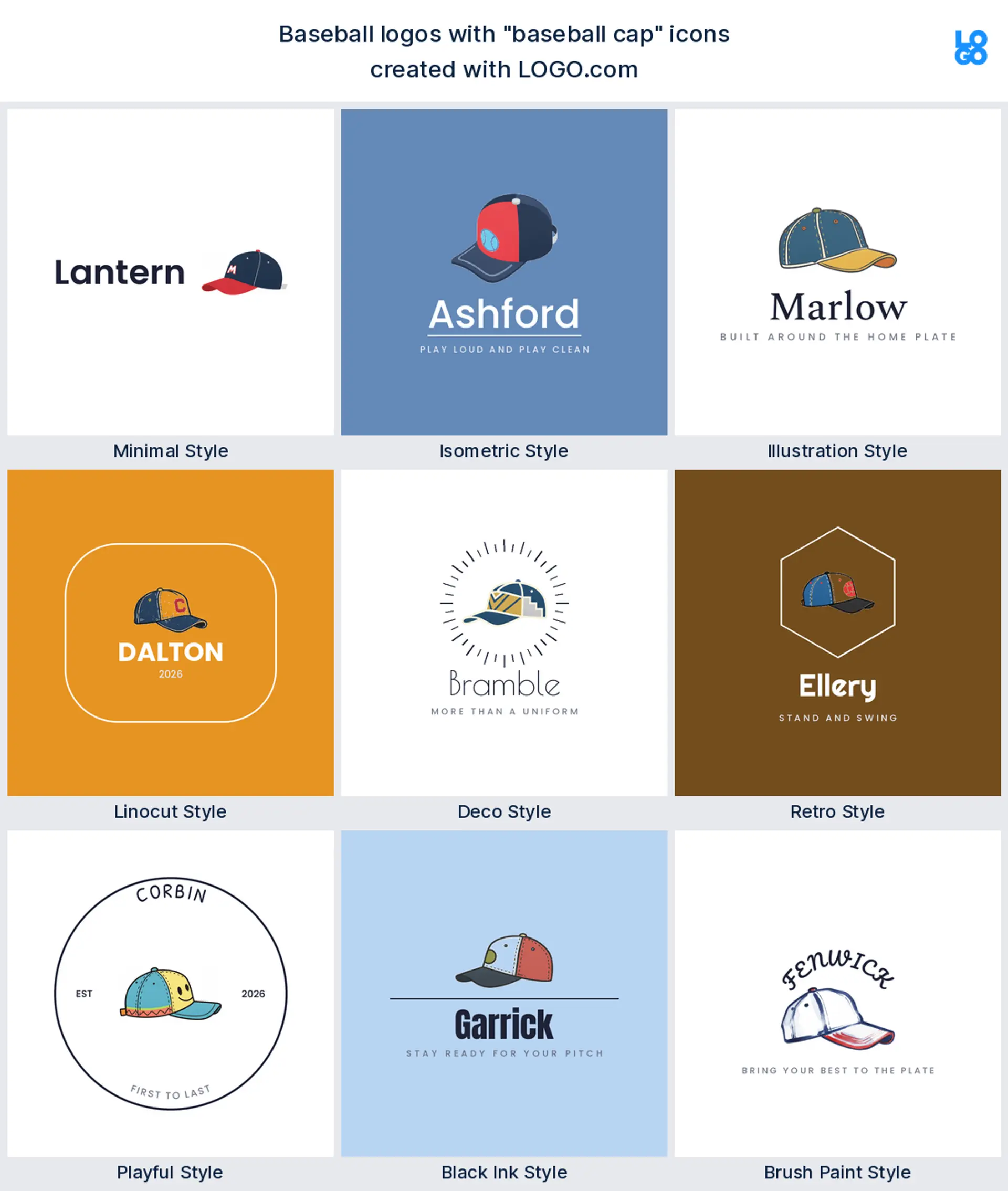 Baseball cap logo shown in nine LOGO.com styles