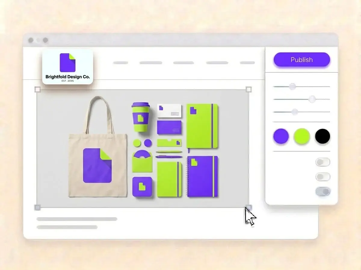 Editing the Brightfold Design Co. website with a violet and lime brand identity flat lay selected, the style panel open and the Publish button ready