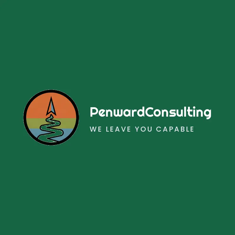 Retro consulting agency logo for PenwardConsulting with a compass needle above a winding path on green