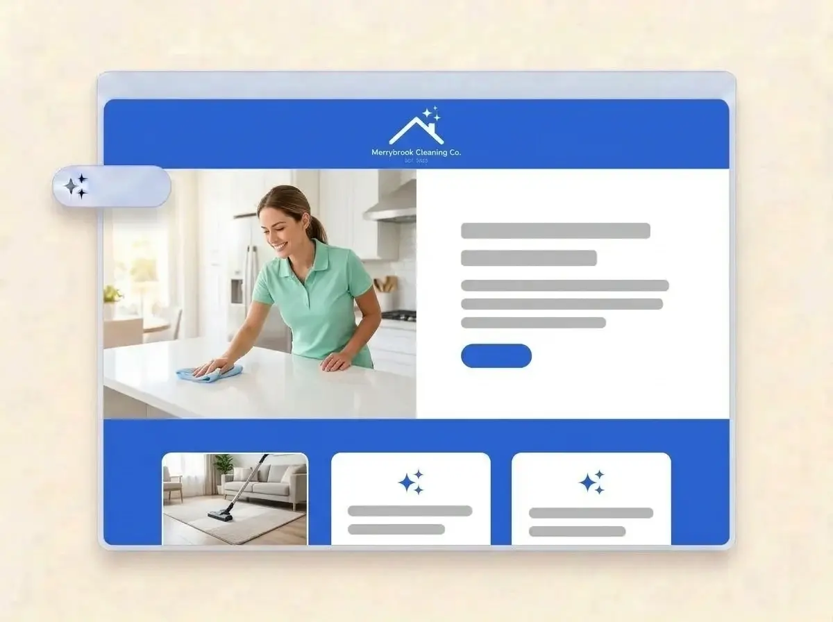 Finished Merrybrook Cleaning Co. website built by LOGO.com from the uploaded logo, with a cleaner wiping a white kitchen counter in the hero and a freshly vacuumed living room thumbnail