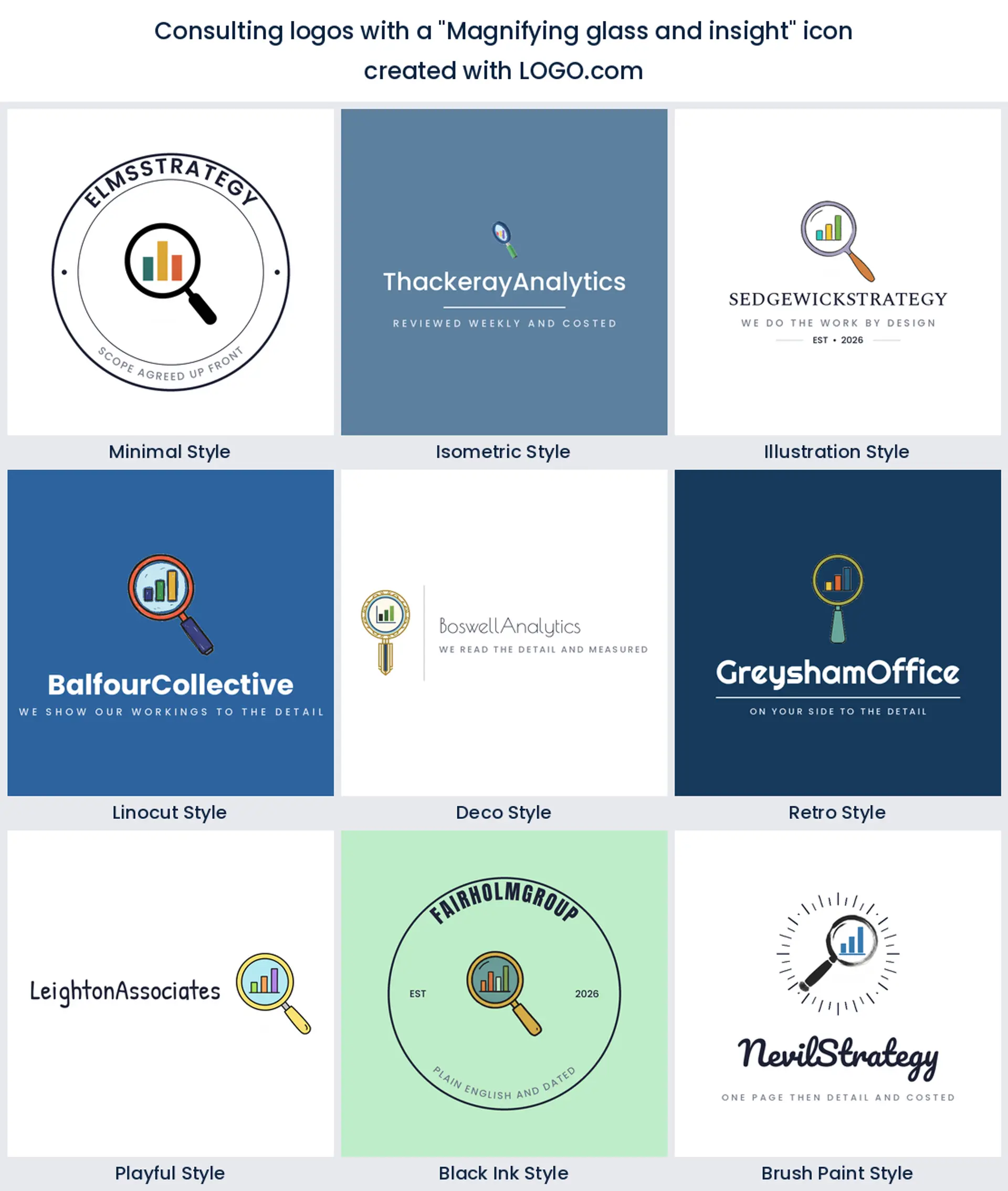 Nine styles of consulting logo built on a magnifying glass over a small chart