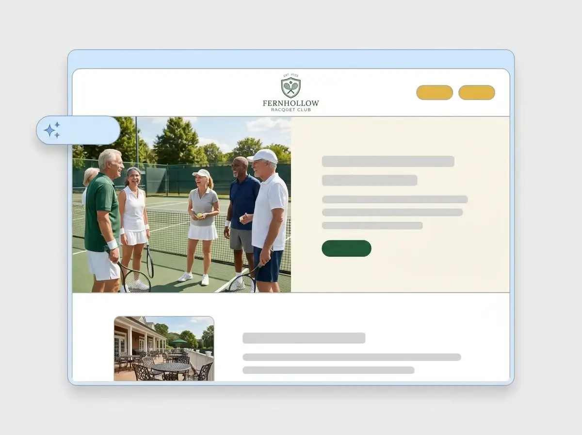 Finished Fernhollow Racquet Club membership website built by LOGO.com from the uploaded logo, with members on a tennis court in the hero and a clubhouse terrace thumbnail
