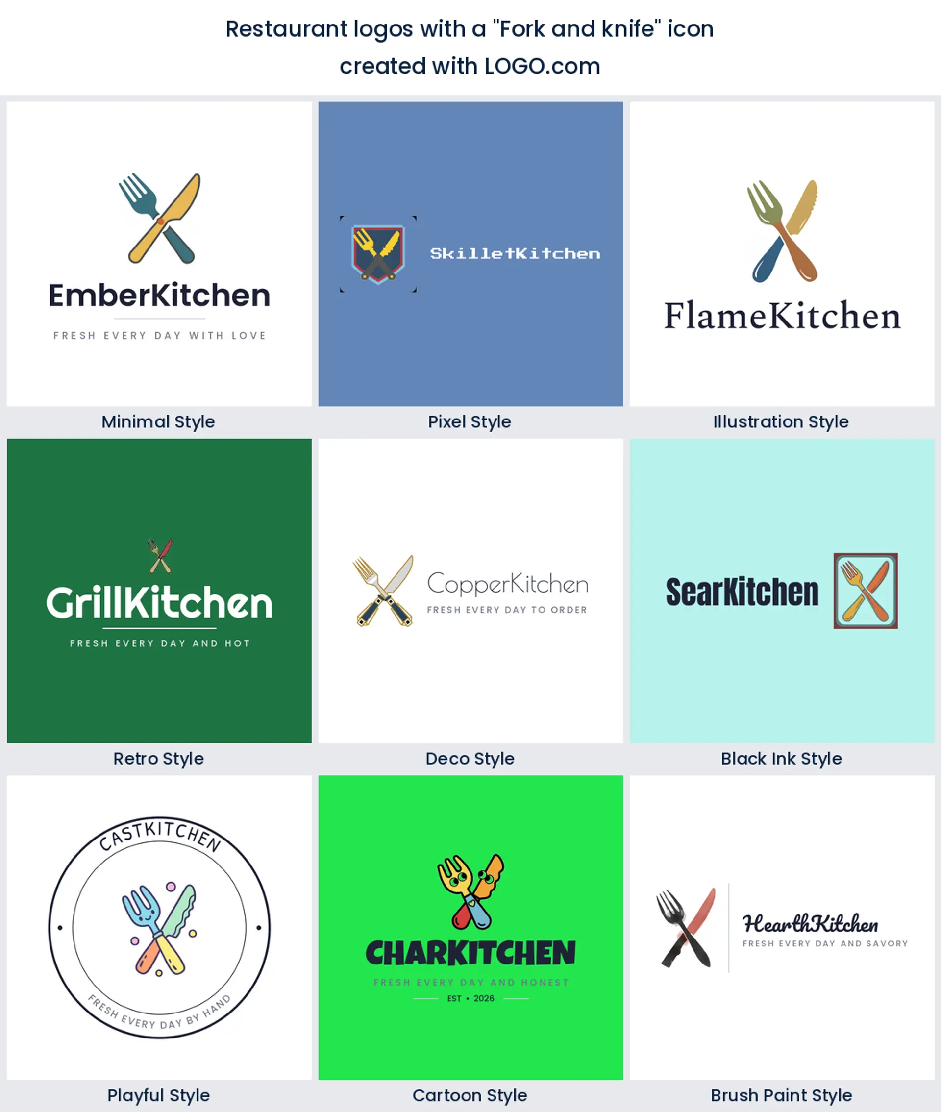 Fork and knife restaurant logo shown in nine LOGO.com styles.