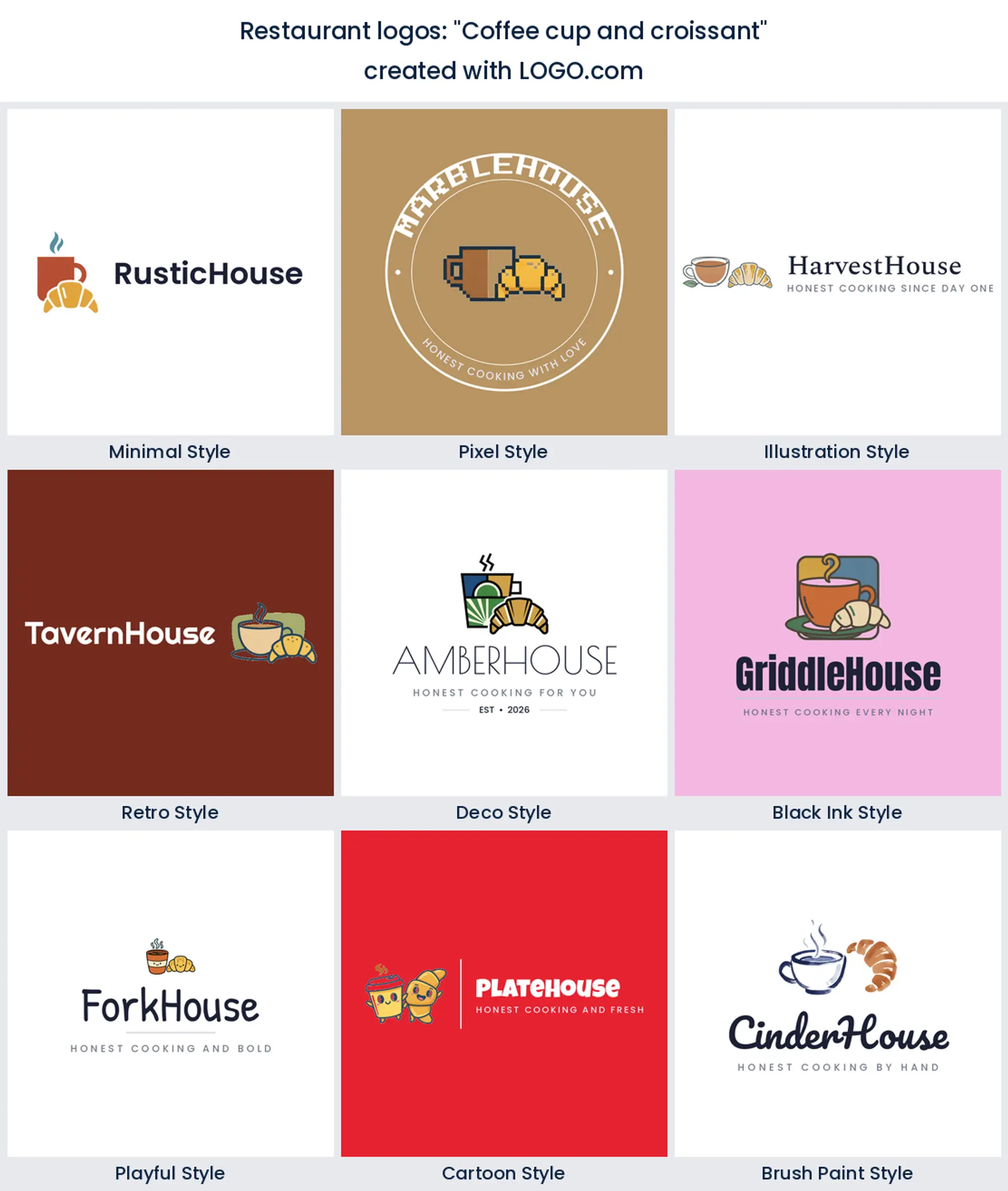 Coffee cup and croissant cafe logo in nine styles.