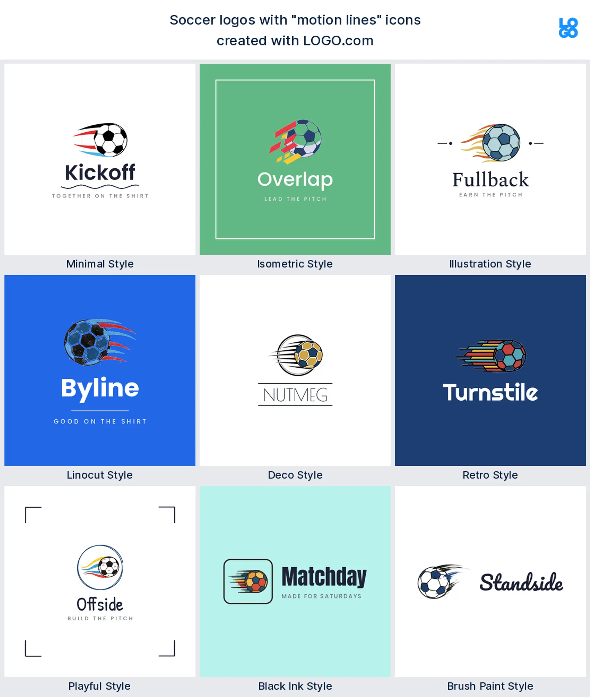 Motion lines soccer logo shown in nine LOGO.com styles