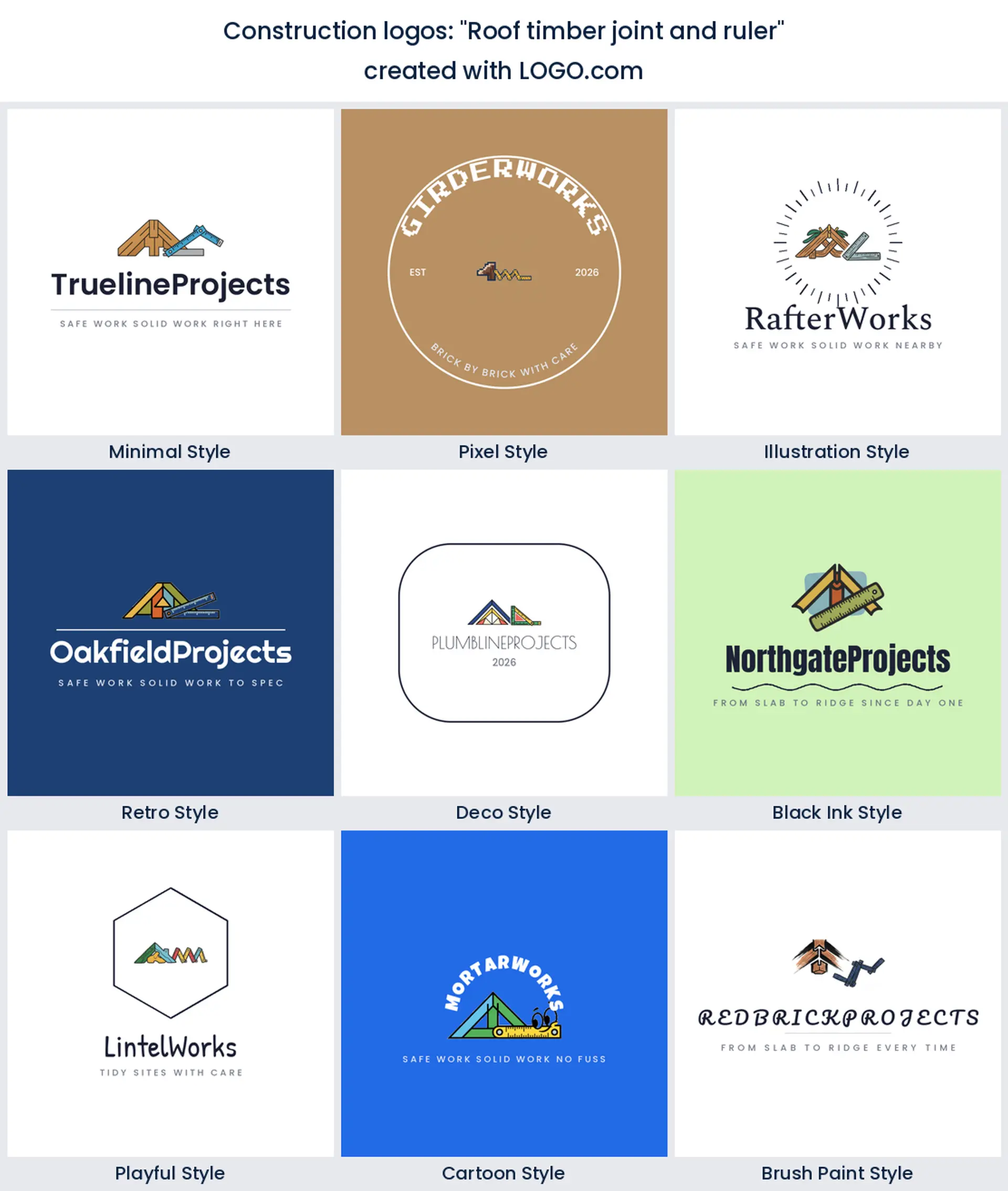 Roof timber joint and ruler construction logo idea, shown in nine LOGO.com styles