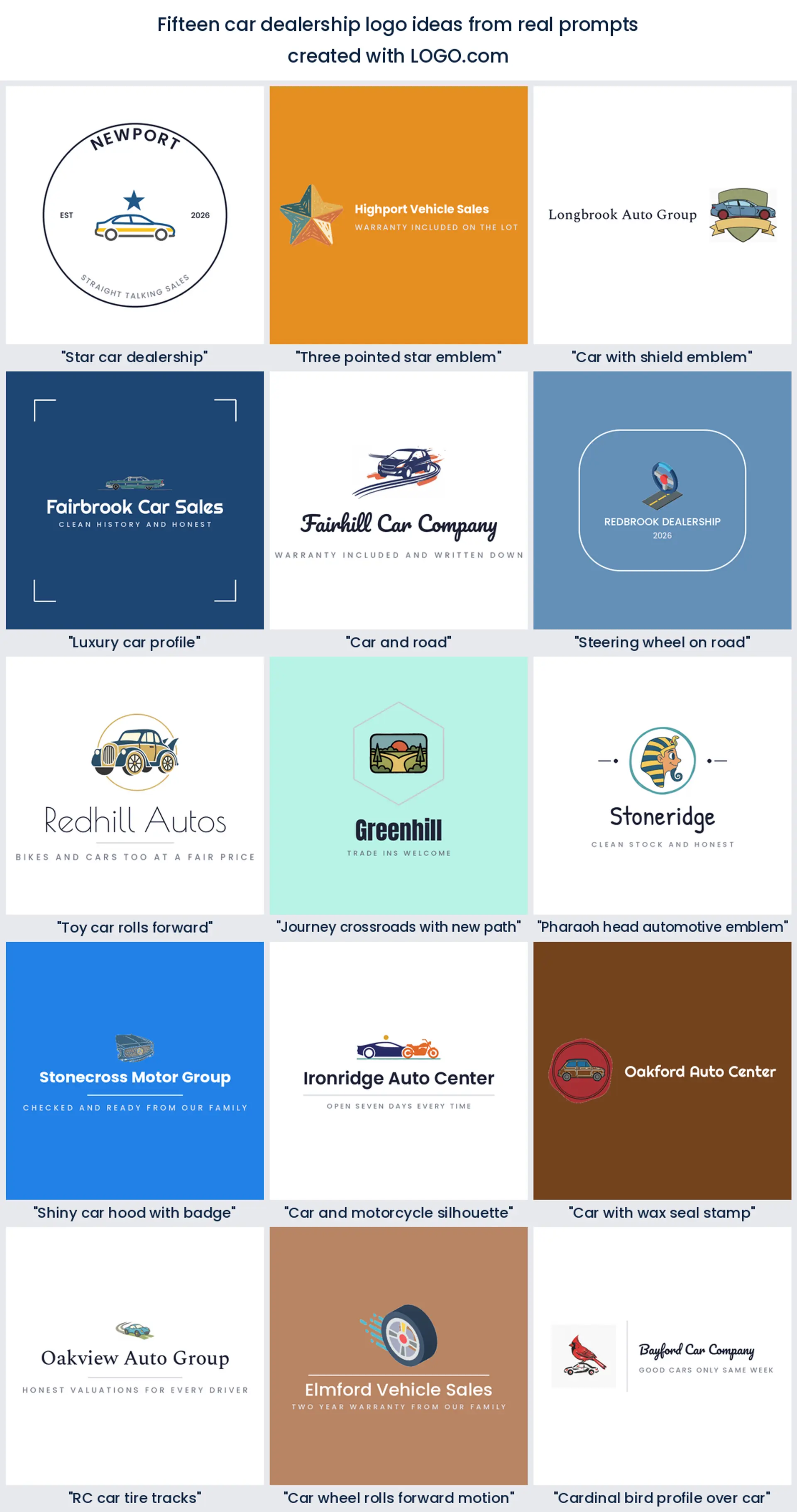 Fifteen automotive logo ideas from real founder prompts, shown across nine styles