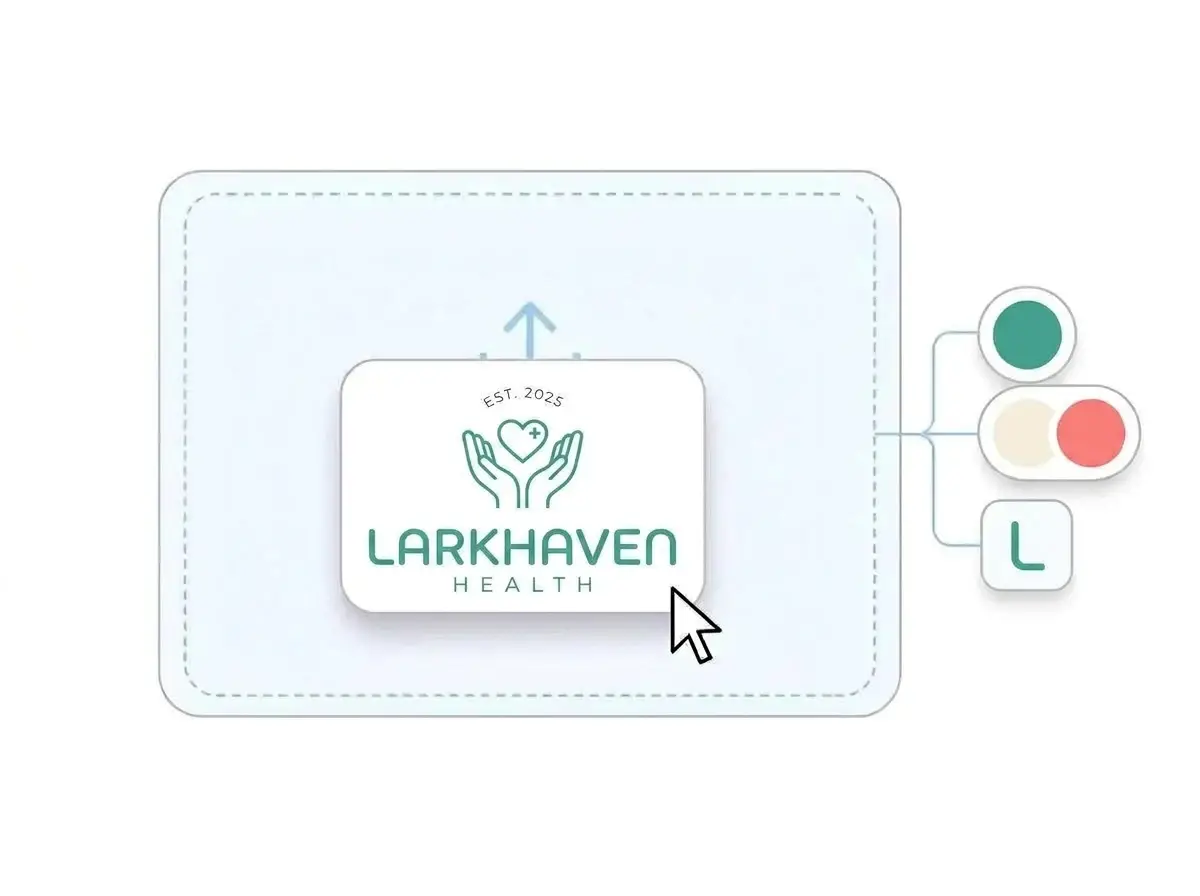 Larkhaven Health logo dropped into the LOGO.com upload box, with its teal cupped hands and heart mark and its warm white and coral colors picked out