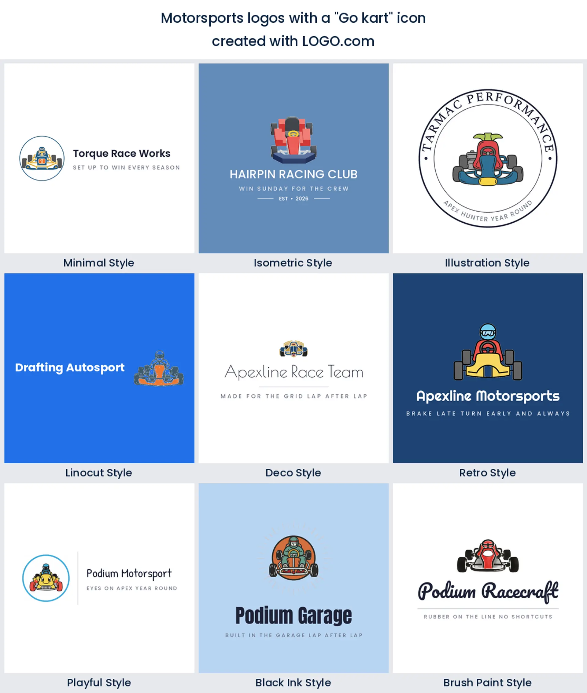 Nine karting club logos showing a go kart icon, laid out in nine styles.