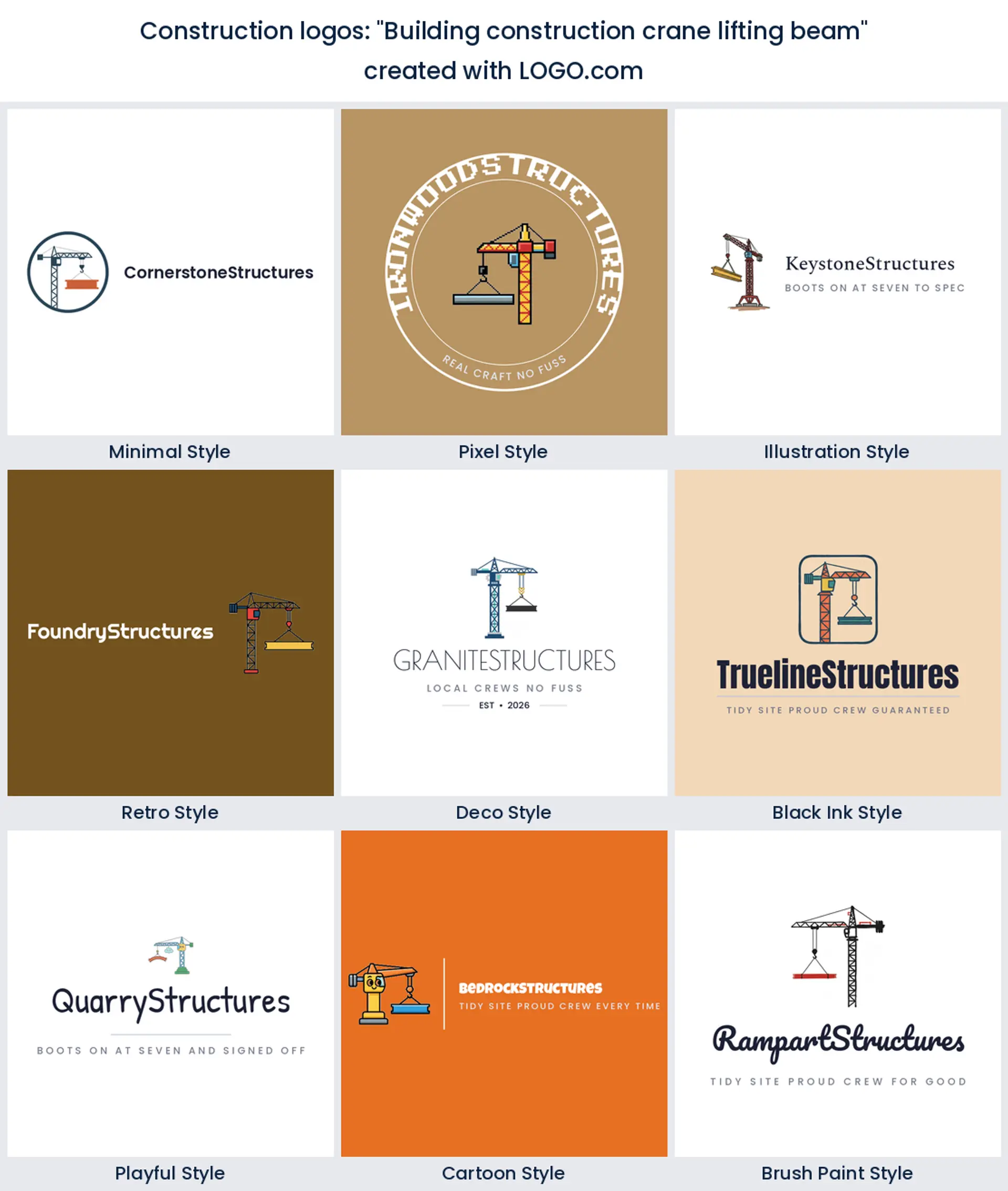 Crane lifting beam construction logo idea, shown in nine LOGO.com styles
