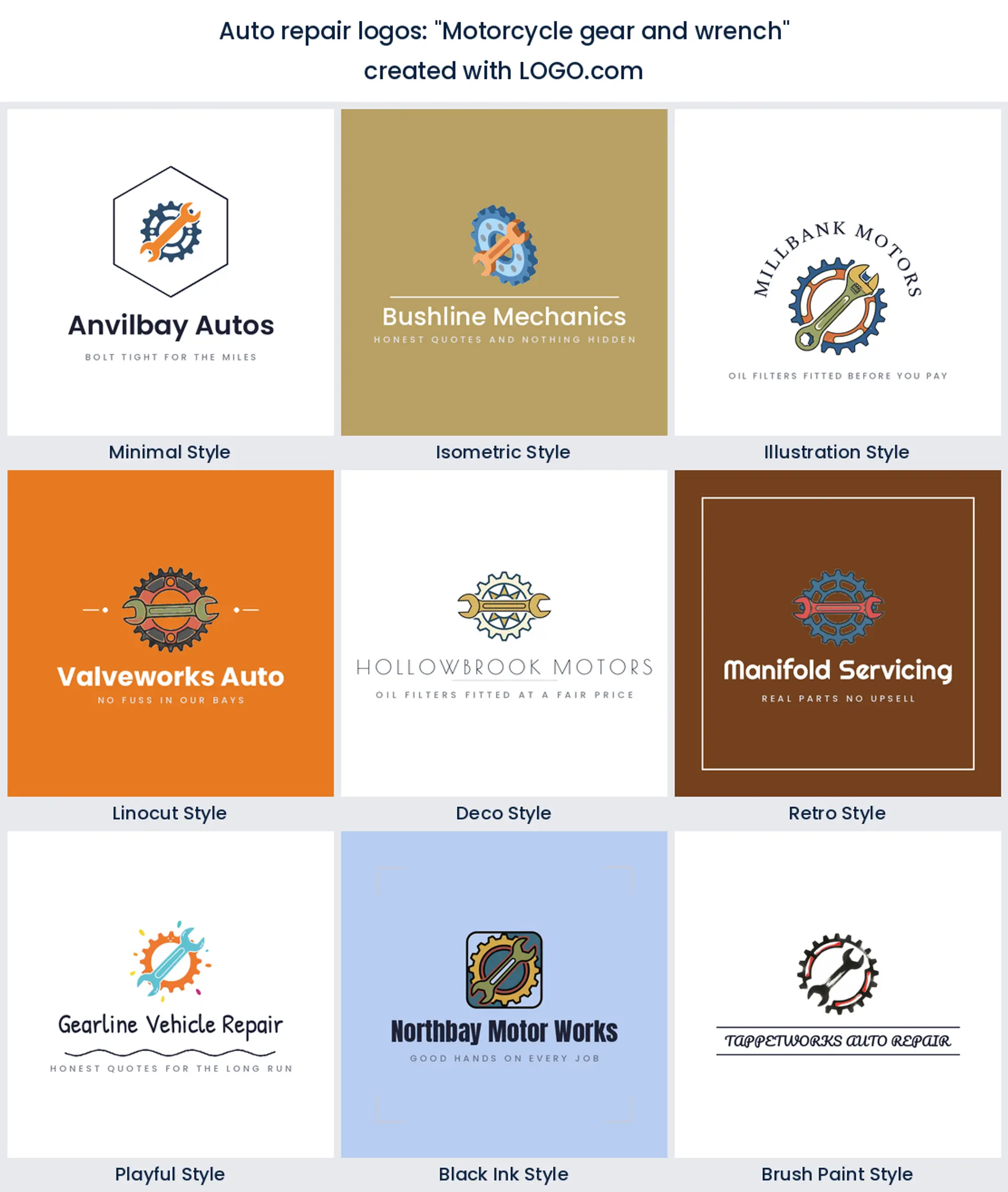 "Motorcycle gear and wrench" motorcycle repair logo shown in nine LOGO.com styles