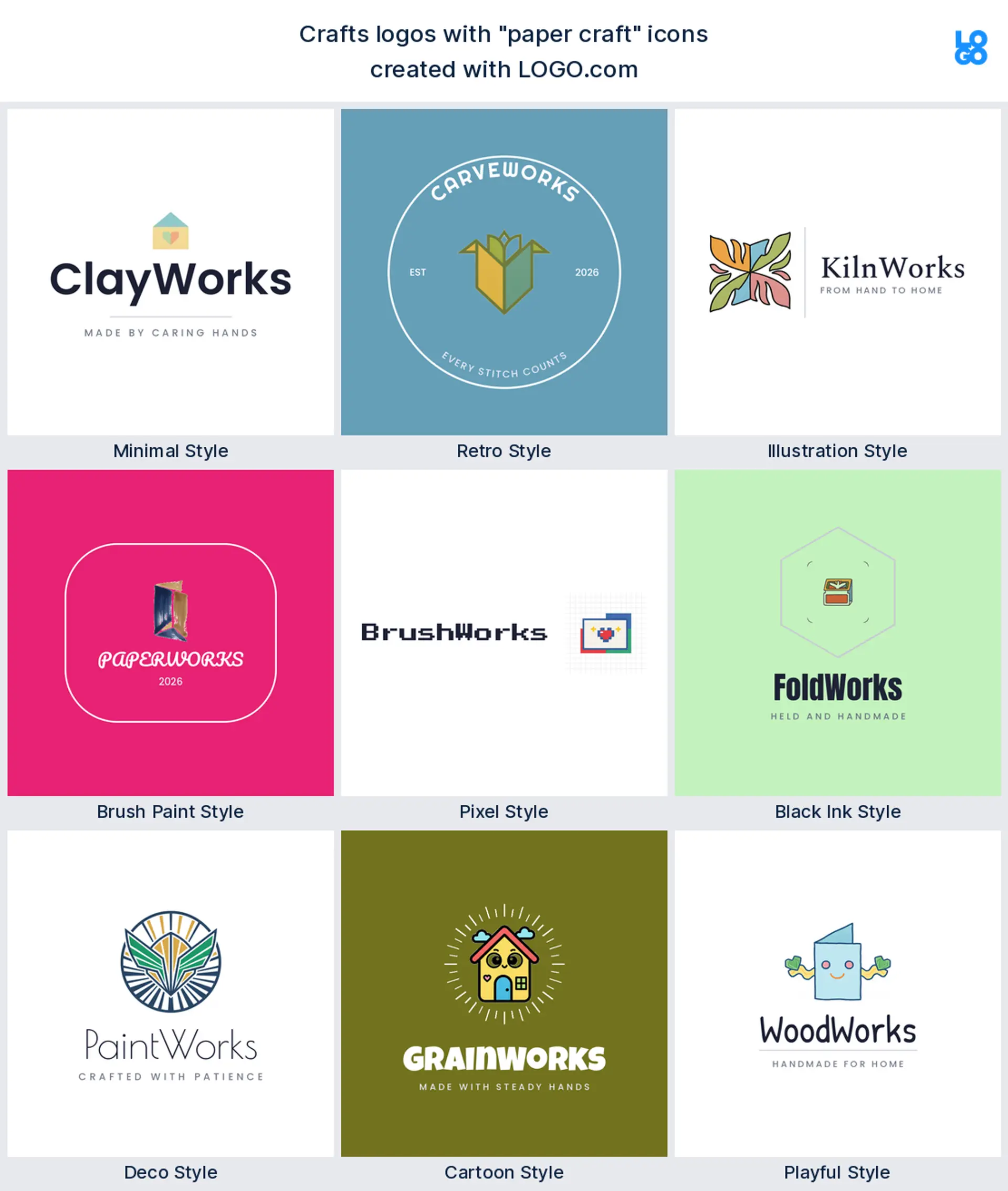 Paper craft logo shown in nine LOGO.com styles